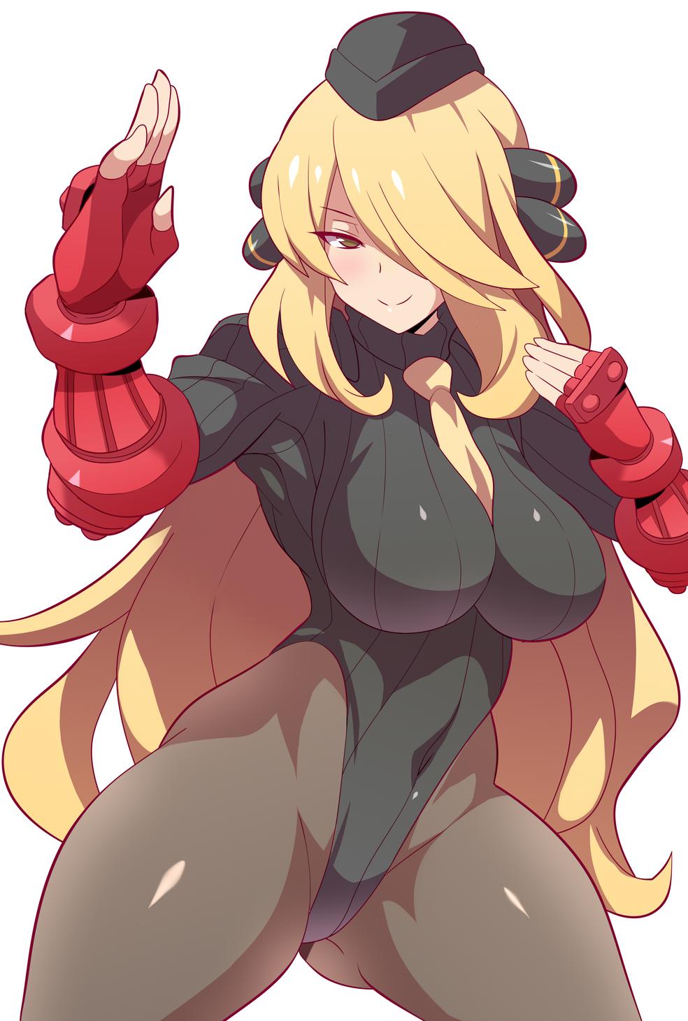 konno tohiro, cynthia (pokemon), capcom, nintendo, pokemon dppt, street fighter, crossover, 1girls, alternate eye color, alternate outfit, ass, big breasts, blonde hair, bodysuit, breasts, brown eyes, cleavage, clothed, cosplay, female, female only, gloves, hair over one eye, half-closed eyes, hat, huge ass, huge breasts, human, large breasts, leotard, long hair, looking at viewer, naughty face, pantyhose, pokemon, seductive, seductive smile, shadaloo dolls, smile, solo, thick thighs, thigh gap, wide hips, 