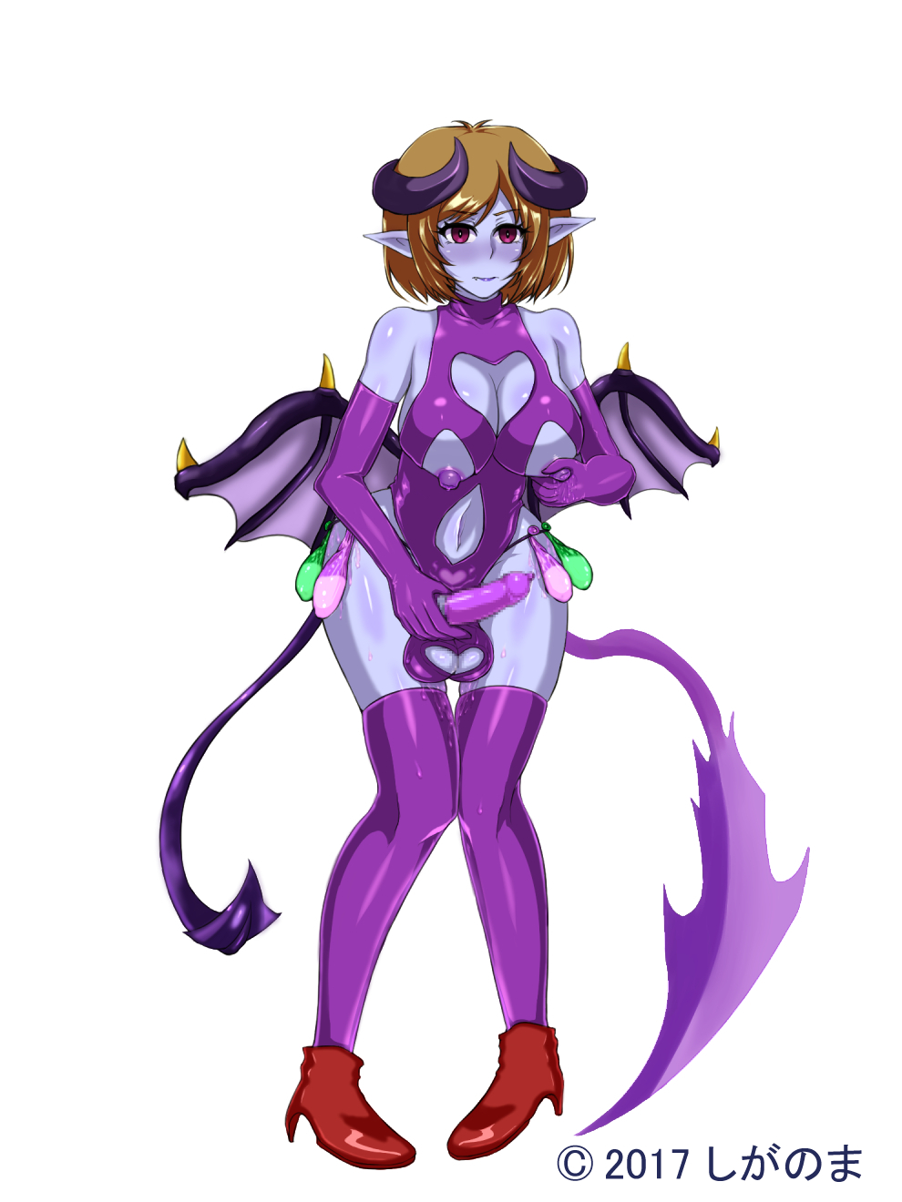 shigachild, 2017, 1futa, 2010s, areolae, ass, balls, boots, breast expansion, breast growth, breast growth (enlargement), breasts, brown hair, clothed, clothing, corruption, demon, demon girl, demon horns, demon tail, demon wings, female, functionally nude, futa only, futa transformation, futanari, gender transformation, hair color change, hair growth, high heel boots, high heels, humanoid, humanoid penis, intersex, large ass, large breasts, leotard, lip expansion, male, male to futa, masturbation, mid-transformation, mostly nude, mtf transformation, navel, nipples, penis, purple skin, short hair, skin color change, solo, standing, succubus, sword, thigh expansion, thighhighs, thighs, transformation, 