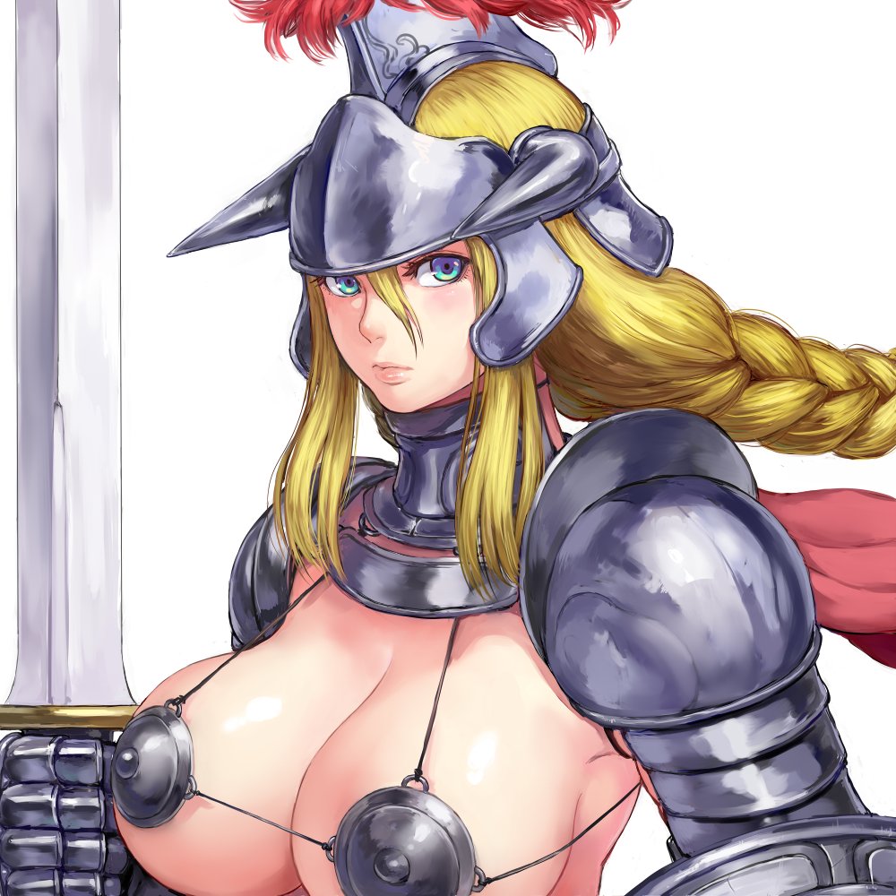 mikanman, 1girls, areola bulge, bikini armor, bikini top, blonde hair, blue eyes, breasts, cleavage, female, female only, helmet, holding, holding weapon, looking at viewer, nipple bulge, nipples, pointless armor, solo, solo female, string bikini, sword, 