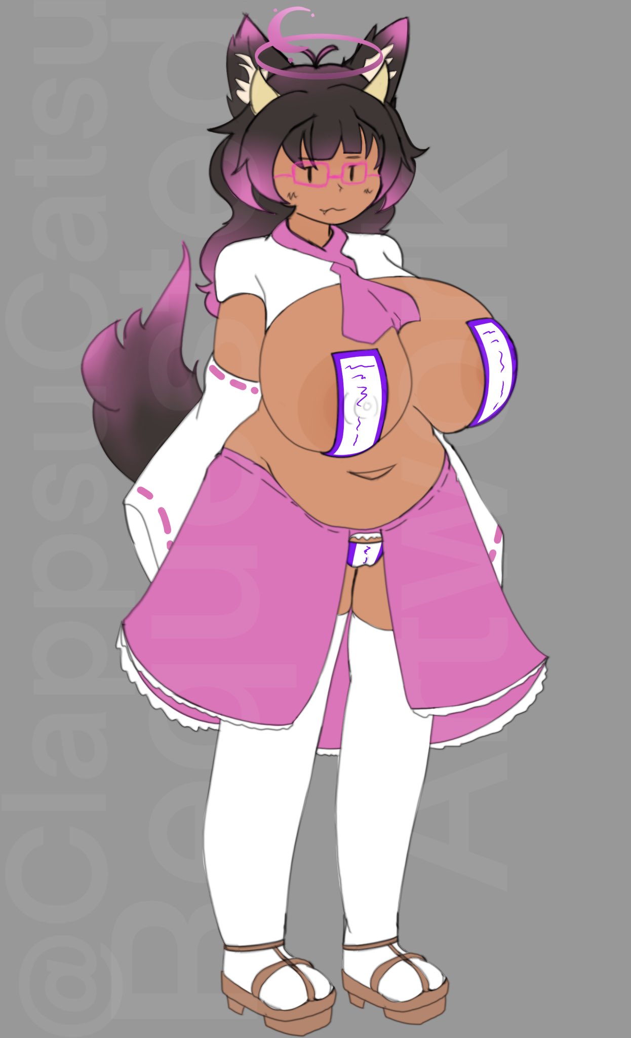 original character, original, borrowed character, 1girls, bbw, cat ears, cat girl, cat tail, catgirl, celestial moona, chubby female, clappsucatsu, dark-skinned female, detached sleeves, glasses, halo, horns, large areolae, large breasts, maebari, miko, pasties, pussy sticker, shrine maiden, solo, solo female, talisman on pussy, talisman pasties, thighhighs, venus body, 