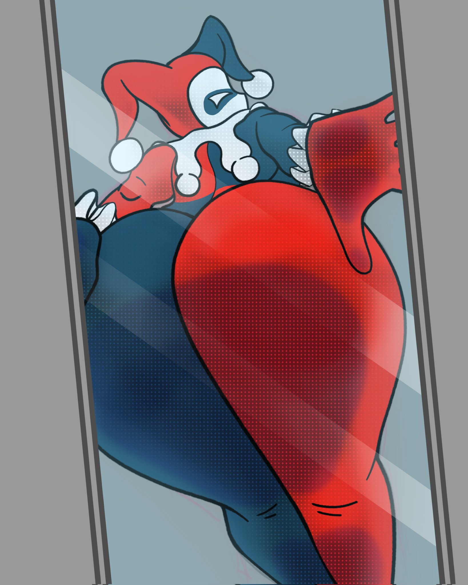 harley quinn, harley quinn (classic), jester, batman (series), dc, dc comics, 1girls, ass, ass focus, big ass, big butt, bodysuit, butt focus, clothed, clothed female, clothing, clown, clown girl, female, female focus, glass, huge ass, huge butt, jester costume, jester girl, jester hat, jester outfit, large ass, large butt, looking at viewer, looking back, looking back at viewer, rear view, solo, solo female, superbone, window, 