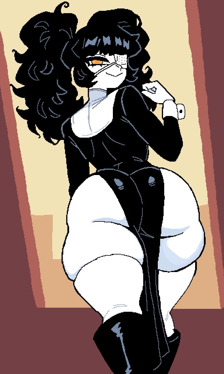 oc, original, tagme, ass, ass focus, black hair, cuffs (clothing), eyepatch, fat ass, hair, huge ass, looking at viewer, monmaamn, nun, nun outfit, seraphim (monam), visible ass, white skin, yellow eyes, 
