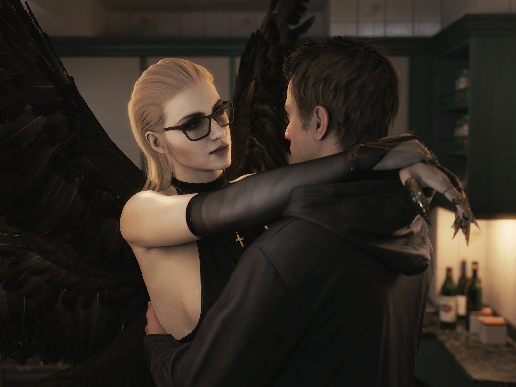 caring, ethan winters, capcom, resident evil, 3d, 3d (artwork), 1boy, 1girls, 3d model, alternate costume, black dress, black sleeves, blonde-haired female, blonde female, blonde hair, breasts, cheating husband, christian cross, clawed fingers, couple, cross, cross necklace, crucifix, dining room, dominant, dominant female, domination, embrace, embracing, female, gentle, gentle femdom, gentle mommy, glasses, goth, goth clothing, goth girl, hands around neck, holding in arms, hug, hugging, hugging waist, husband and wife, hypnosis, in love, indoors, infidelity, jewelry, light-skinned female, light-skinned male, light skin, long sleeves, looking at another, loving couple, male, male/female, malesub, married couple, mommy, mommy kink, mother miranda (resident evil), pale-skinned female, pale female, pale skin, resident evil 8: village, romantic, romantic ambiance, romantic couple, sideboob, sleeveless dress, sleeves, slicked back hair, standing, straight, submissive male, tinted eyewear, transparent sleeves, white-skinned female, white skin, white skinned female, wine bottle, winged humanoid, wings, word2, wristwear, 