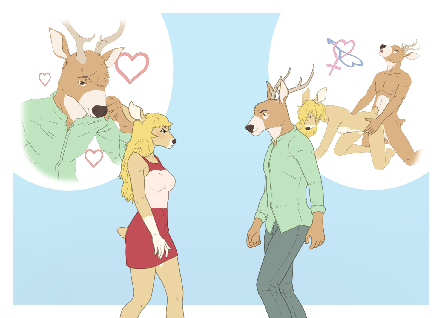 9x9, simple background, all fours, anthro, antlers, cervid, cervine, clothed, clothing, doggy style, duo, eye contact, female, from behind position, horn, kneeling, looking at another, male, male/female, mammal, nude, sex, smile, walking, 