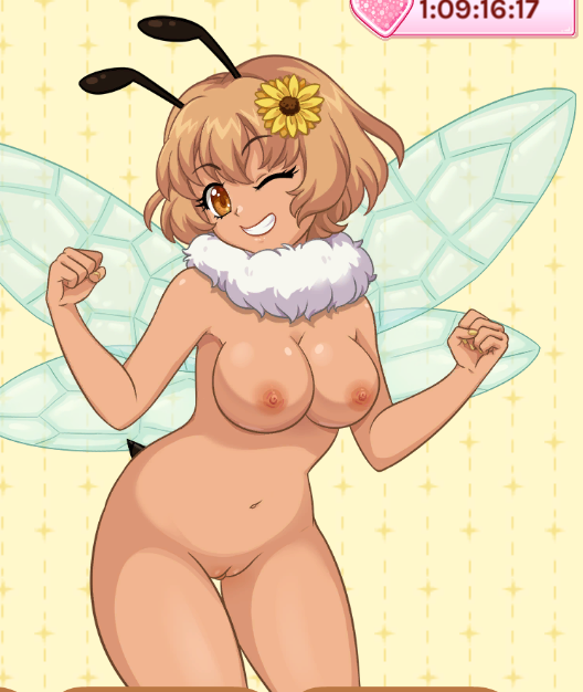 crush crush, screenshot, 1girl, 1girls, abby (crush crush), antennae, antennae (anatomy), bee girl, bee wings, big breasts, breasts, clean pussy, clenched hand, female, looking at viewer, navel, nipples, orange eyes, orange hair, painted nails, pussy, round breasts, shaved crotch, shaved pussy, smile, smiling, smiling at viewer, solo, solo female, wink, winking, winking at viewer, yellow nails, 