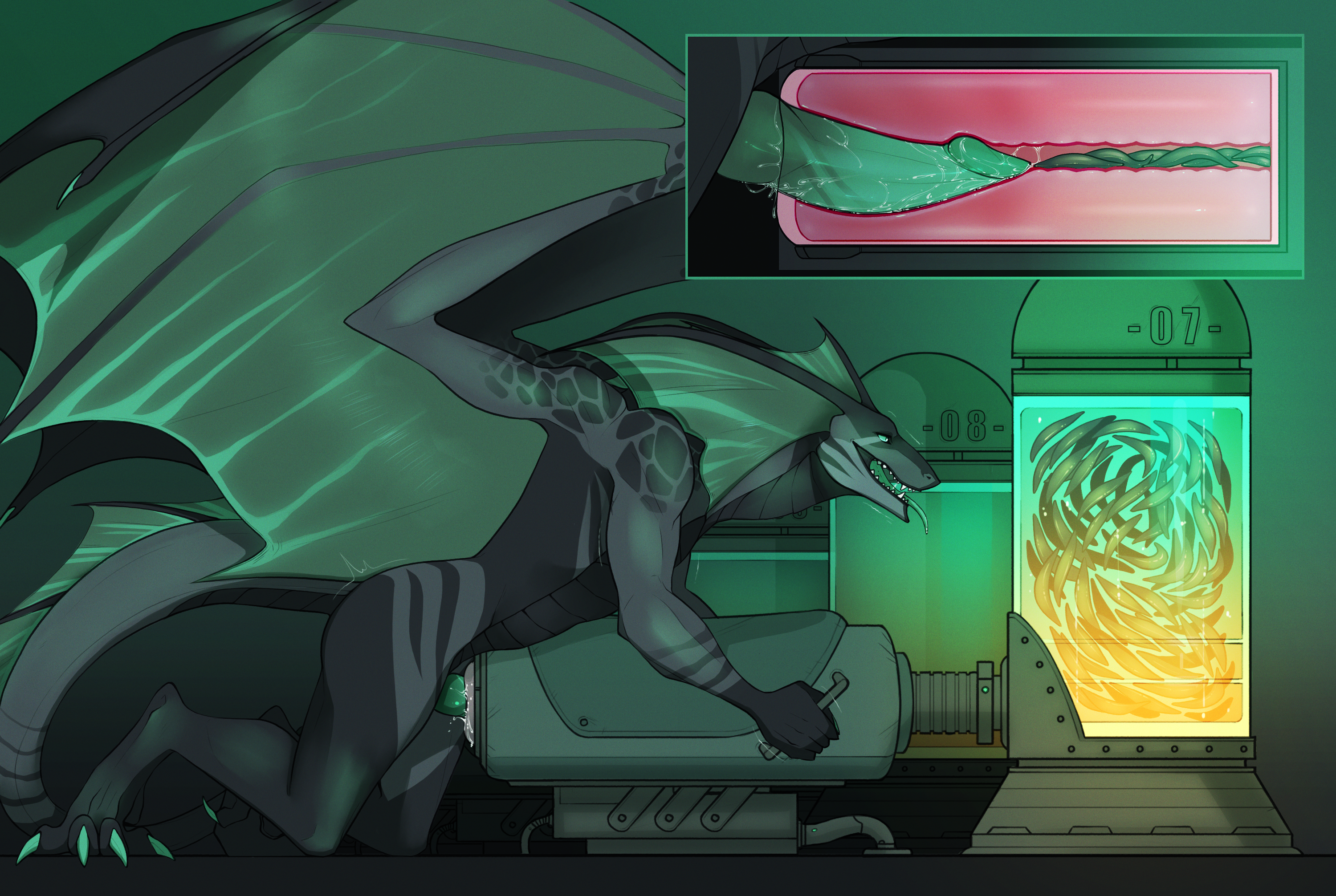 hi res, anthro, black body, bodily fluids, breeding mount, claws, dragon, genitals, glistening, green eyes, green membrane, green penis, green tongue, horn, infestation, male, membrane (anatomy), membranous wings, nyxt, ohelladarian (artist), parasite, penis, solo, tongue, urethral worms, wings, worm, 
