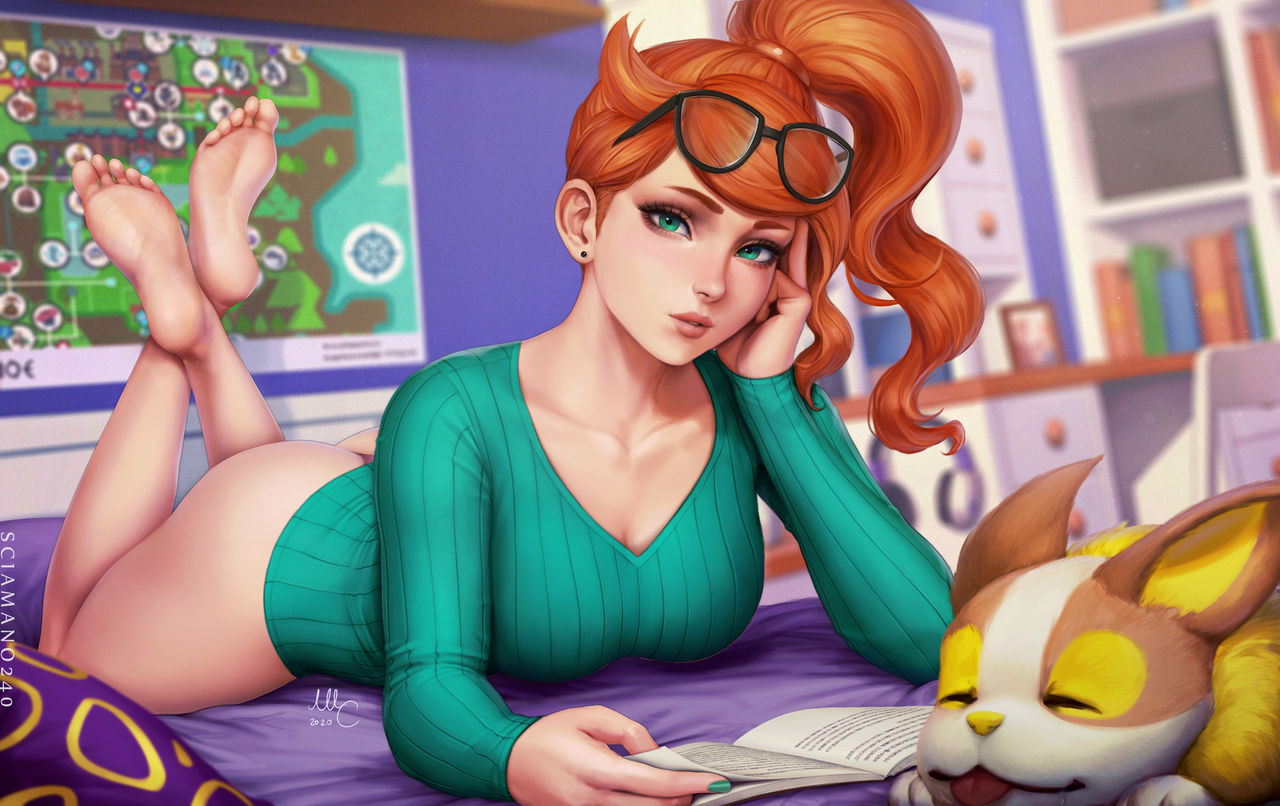 sciamano240, sonia (pokemon), yamper, pokemon ss, tagme, 1girls, aqua nails, ass, barefoot, big ass, big breasts, bottomless, breasts, casual nudity, female, glasses, green eyes, landscape, landscape format, looking at viewer, nail polish, pokemon, red hair, thick thighs, 