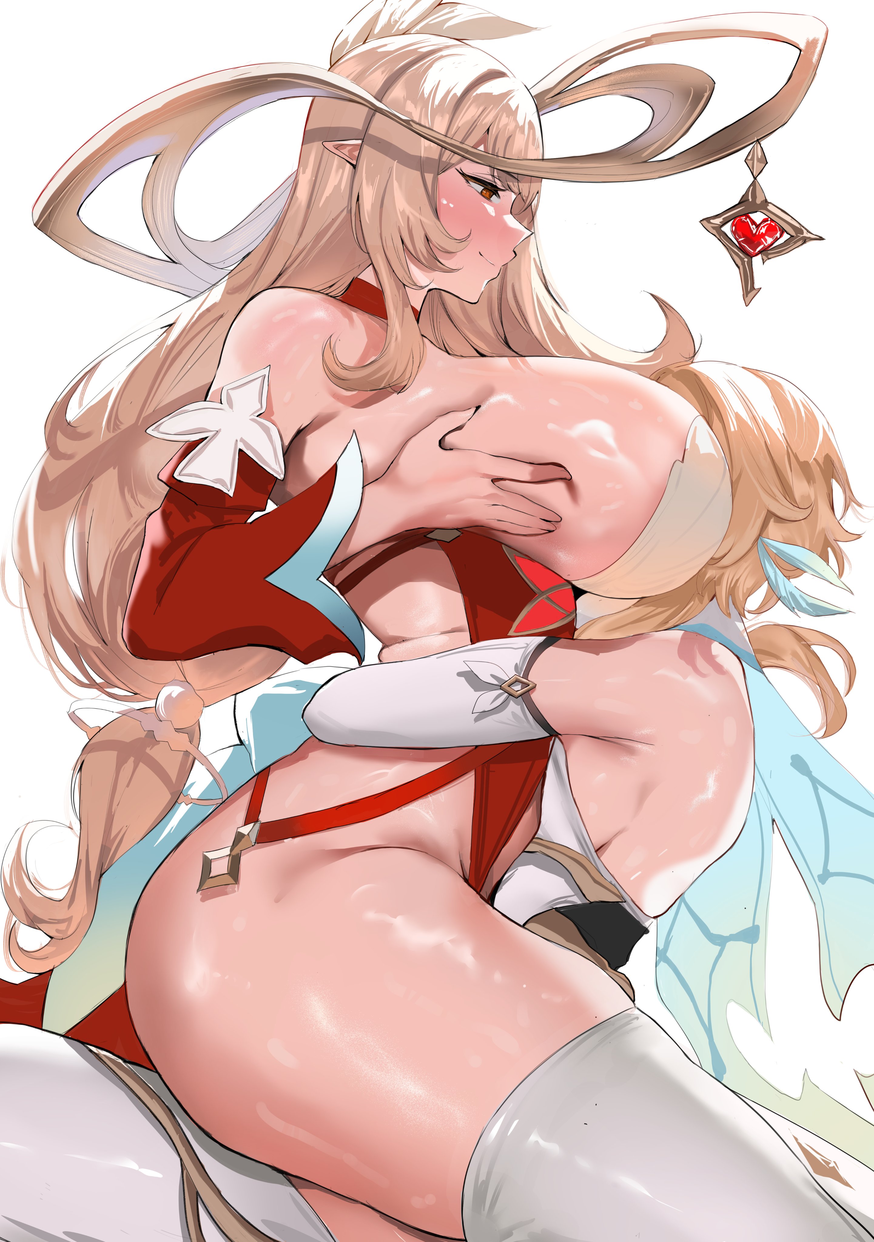 absurdres, highres, simple background, white background, 2girls, alice (genshin impact), bare shoulders, between breasts, blonde hair, blush, breasts, cowlick, detached sleeves, dress, genshin impact, gloves, gold halo, hair ornament, hat, head between breasts, hug, huge breasts, long hair, lumine (genshin impact), multiple girls, pointy ears, red dress, red eyes, red sleeves, shibenc16e4, short hair with long locks, sitting, sitting on lap, sitting on person, smile, straddling, upright straddle, white dress, yuri, 