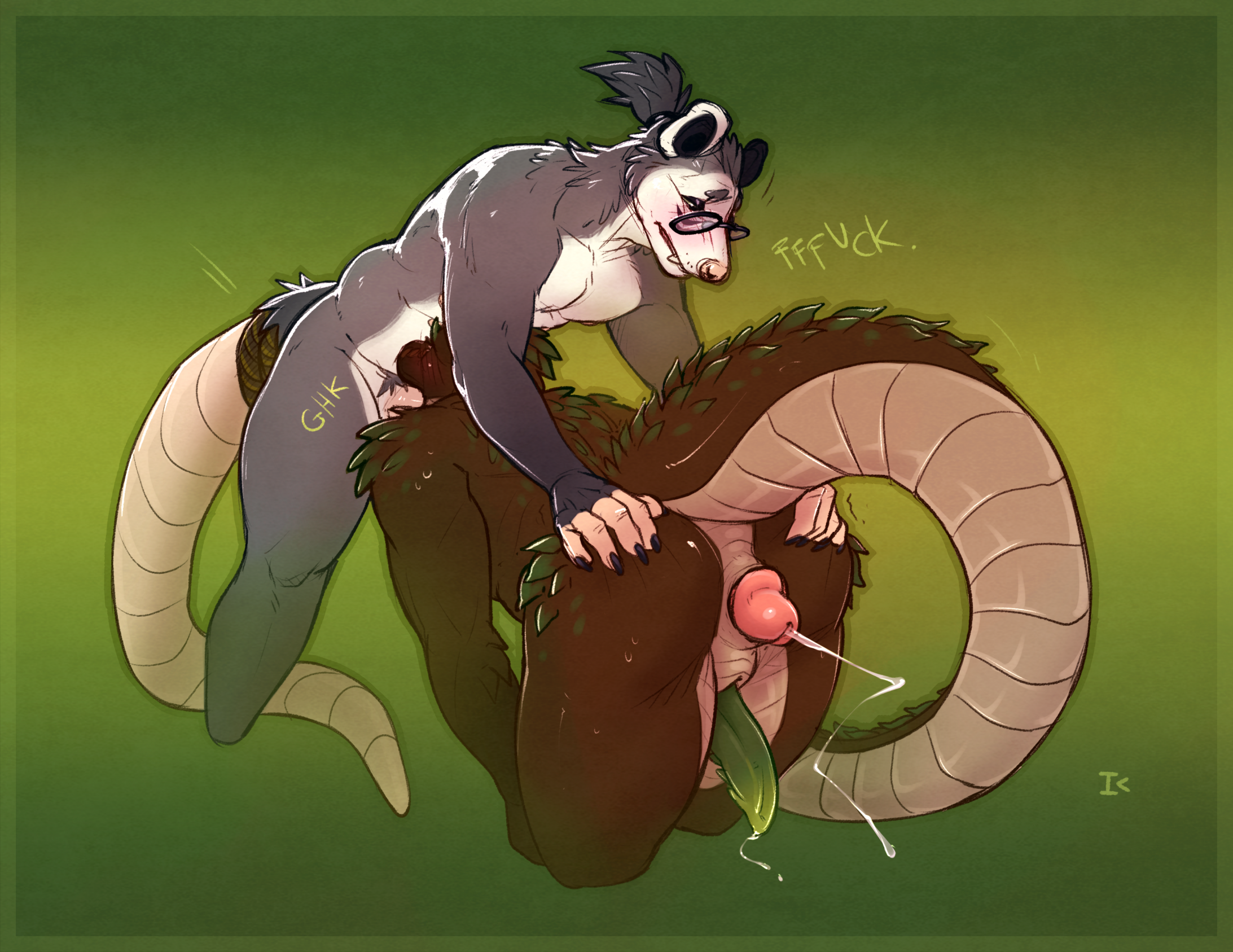 viper, english text, green background, hi res, simple background, sound effects, text, 2023, all the way through, american opossum, animal genitalia, anthro, belly nipples, big penis, black claws, blush, bodily fluids, border, brown body, brown scales, claws, cuff (restraint), cum, cumshot, dialogue, dripping, duo, ejaculation, eyewear, fellatio, fluffy neck fur, fur, genital fluids, genital slit, genitals, glasses, gradient background, gradient penis, green border, green markings, green penis, grey body, grey fur, grey hair, hair, huge cock, hyper, hyper genitalia, hyper long penis, hyper penis, interkos, kinktober, long tail, male, male/male, mammal, markings, marsupial, nipples, onomatopoeia, oral, penetration, penile, penis, penis between thighs, pink fingers, pink nipples, pink nose, pink penis tip, ponytail, precum, precum drip, profanity, reptile, restraints, reverse anal, scaled body, scales, scalie, sex, sketchy, snaggle tooth, snake, tail, tail cuff, tan body, tan scales, wearing glasses, white body, white fur, white markings, 
