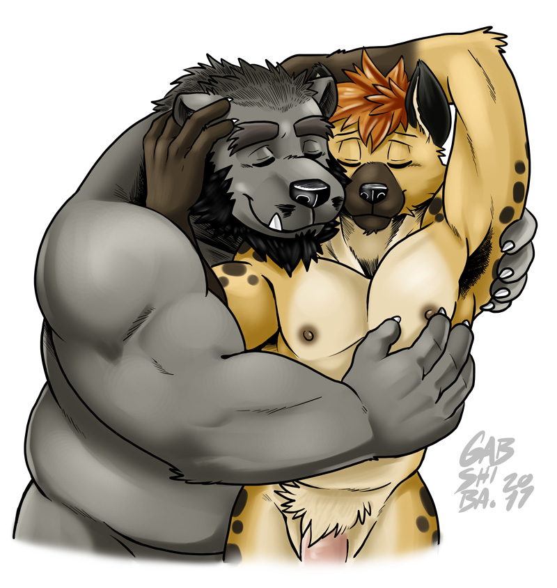 gabshiba, simple background, white background, anthro, beard, black body, black fur, black nose, brown body, brown fur, claws, closed eyes, duo, embrace, ena (lm), facial hair, fur, genitals, grey hair, hair, hug, love mechanic, male, male/male, moustache, muscular, muscular male, navel, nipples, nude, orange body, orange fur, penis, red hair, signature, smile, spots, tan body, tan fur, tom (lm), 