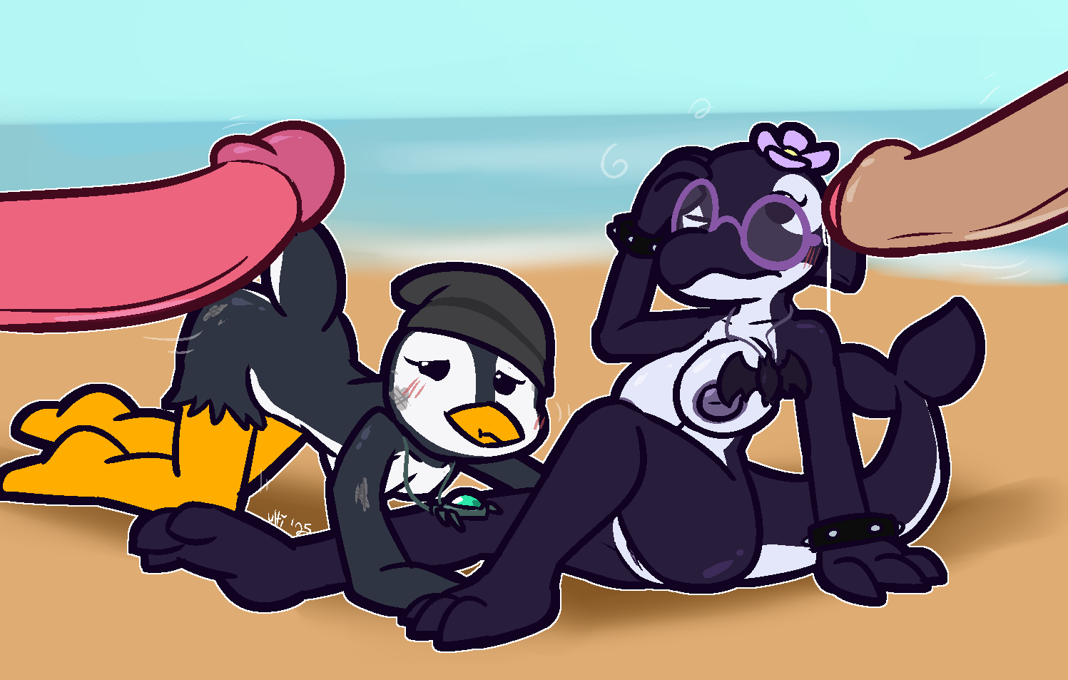 ultilix, super animal royale, 2025, all fours, ambiguous species, anthro, anthro on anthro, ass up, avian, beach, beanie, big breasts, big penis, bird, bodily fluids, bracelet, breasts, bruised, cetacean, clothing, coral (felino), disembodied penis, dolphin, dorsal fin, erection, fan character, feathers, female, fin, foreskin, genital fluids, genitals, glans, grey body, grey clothing, grey feathers, grey hat, grey headwear, hand on head, hat, hat only, head fin, headgear, headgear only, headwear, headwear only, imminent sex, jewelry, male, male/female, mammal, marine, mostly nude, motion lines, nipples, nude, oceanic dolphin, orca, penguin, penis, pink glans, pink penis, pixile studios, precum, purple nipples, pussy, spiked bracelet, spikes, tail, tail fin, tan penis, toothed whale, uncircumcised, vulva, white body, white feathers, 