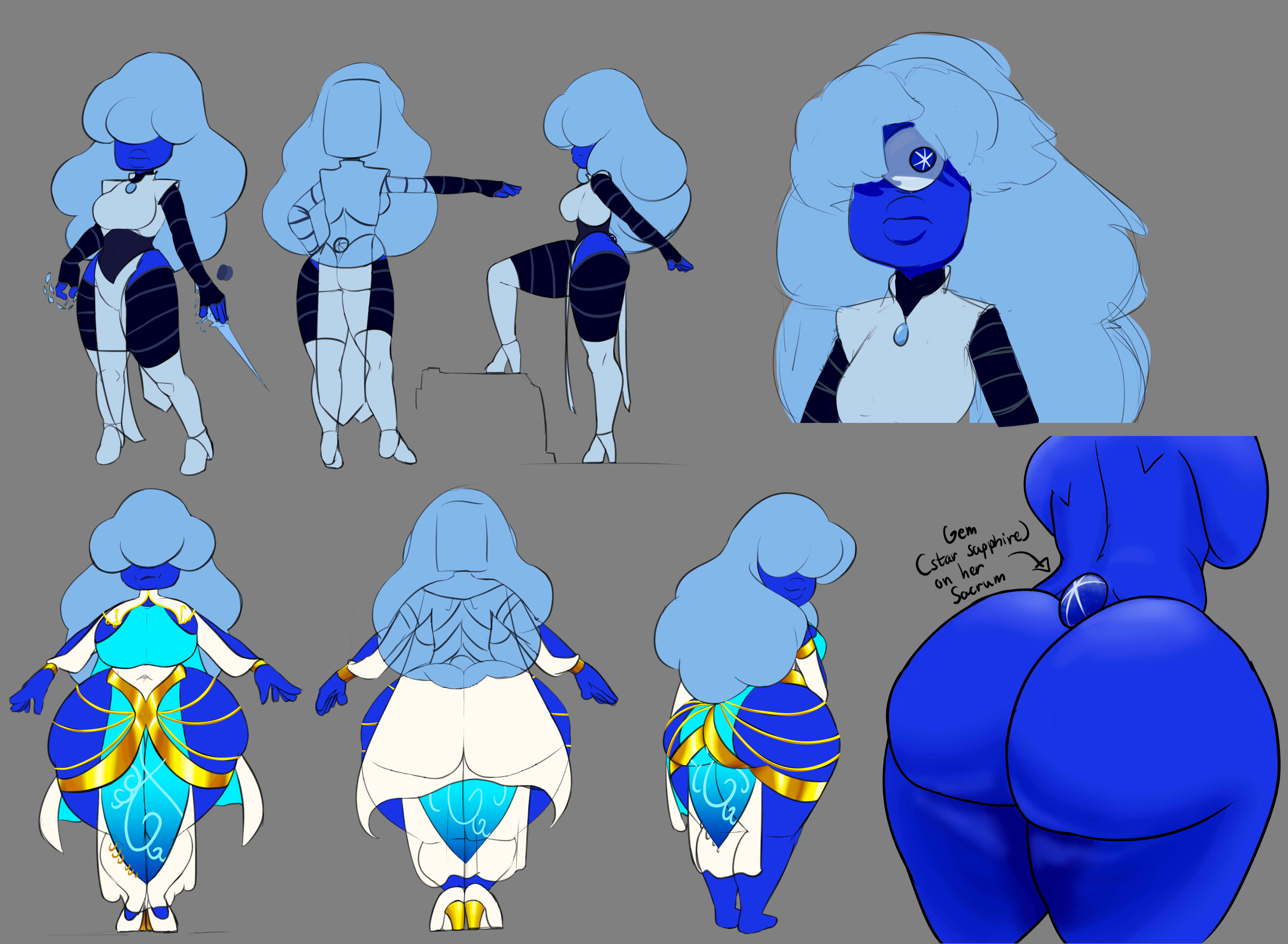 gem (species), oc, original character, sapphire (steven universe), steven universe, ass, ass bigger than head, big ass, big breasts, blue body, blue hair, blue skin, breasts, delt, fat ass, hair over eye, huge ass, huge breasts, plump lips, reference sheet, shortstack, story at source, thick ass, thick thighs, wide hips, 