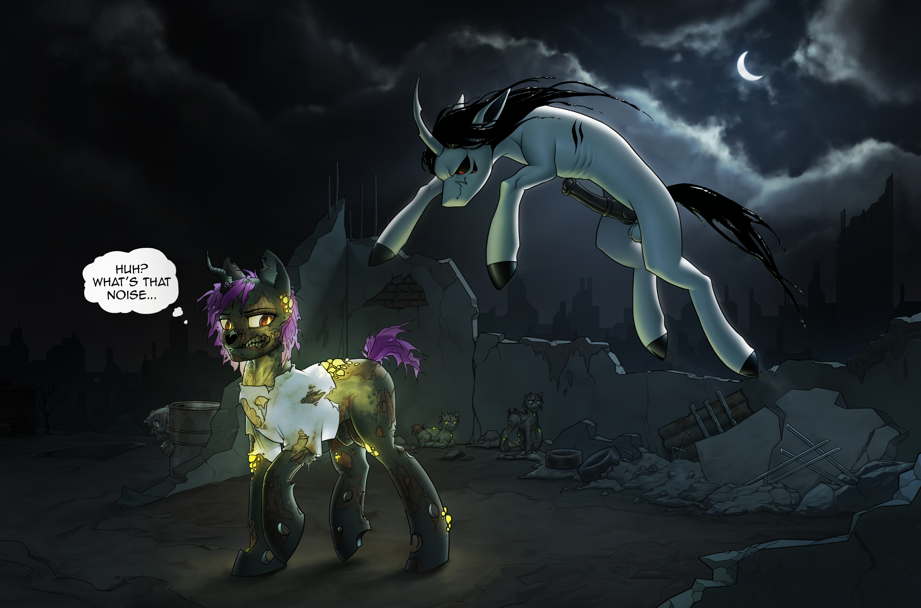 fallout equestria, hasbro, my little pony, hi res, thought bubble, animal genitalia, animal penis, black sclera, bubbling, cloven hooves, concrete, concrete wall, crooked horn, darkened genitalia, destroyed building, equine genitalia, equine penis, female, feral, genitals, ghoul, glowing, glowing eyes, goo creature, goo hair, goo tail, grimdark, group, hooves, hybrid genitalia, hybrid penis, implied rape, jagged horn, klooda, knot, knotted equine penis, looking back, male, male/female, monster pony, multi eye, neeble, penis, pounce, pseudo hair, rotting, rotting flesh, rubble, scar, short mane, short tail, suspended in midair, tail, undead, wall (structure), warts, wet mane, wet tail, 