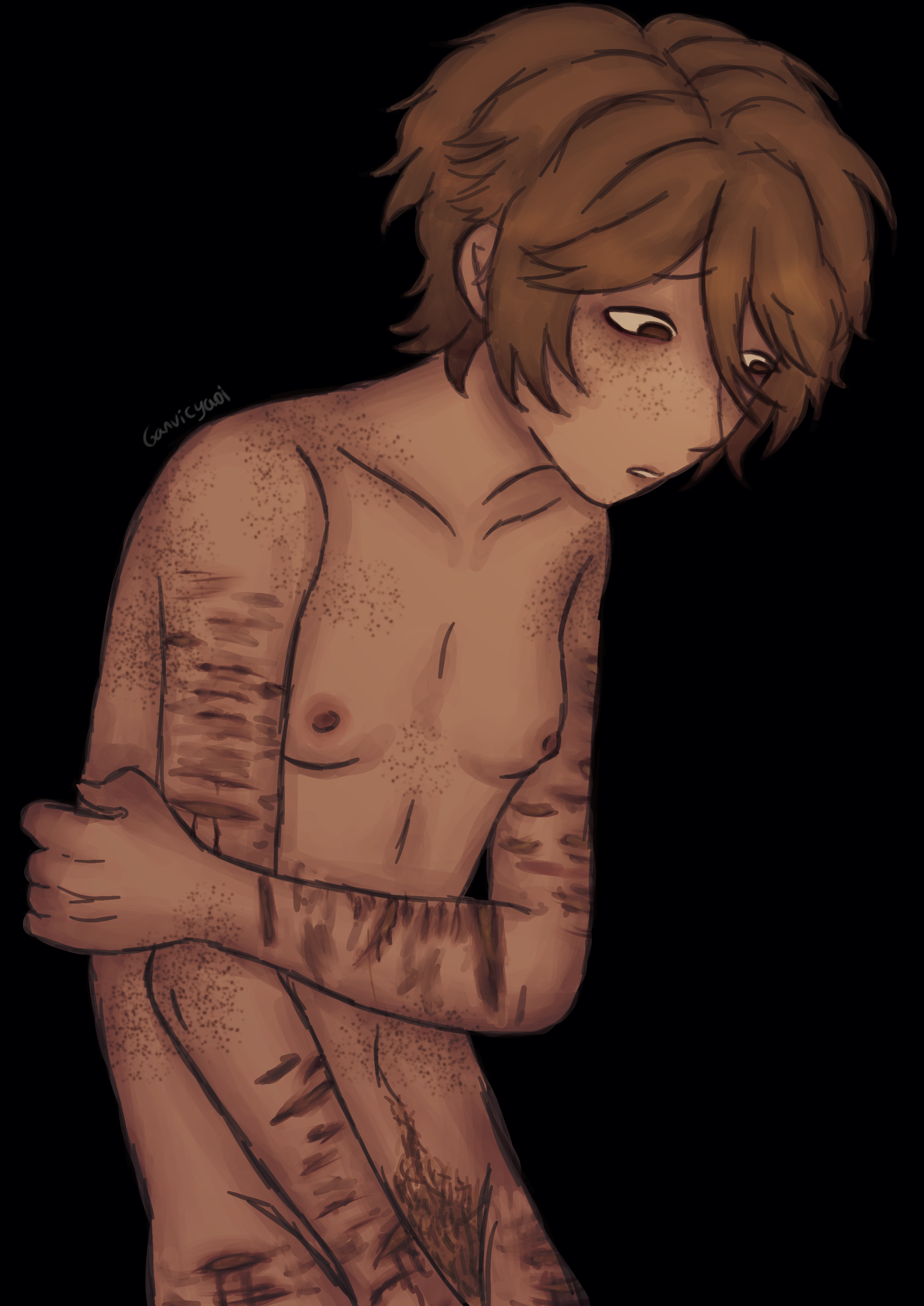 lighting, identity v, black background, artist upload, cuntboy, dark colors, freckles, fully nude, ganvicyaoi, happy trail, idv, naked, nudity, pubic hair, self harm, self harm scars, small breasts, trans man, transgender male, transmasc, vent art (?), victor grantz, 