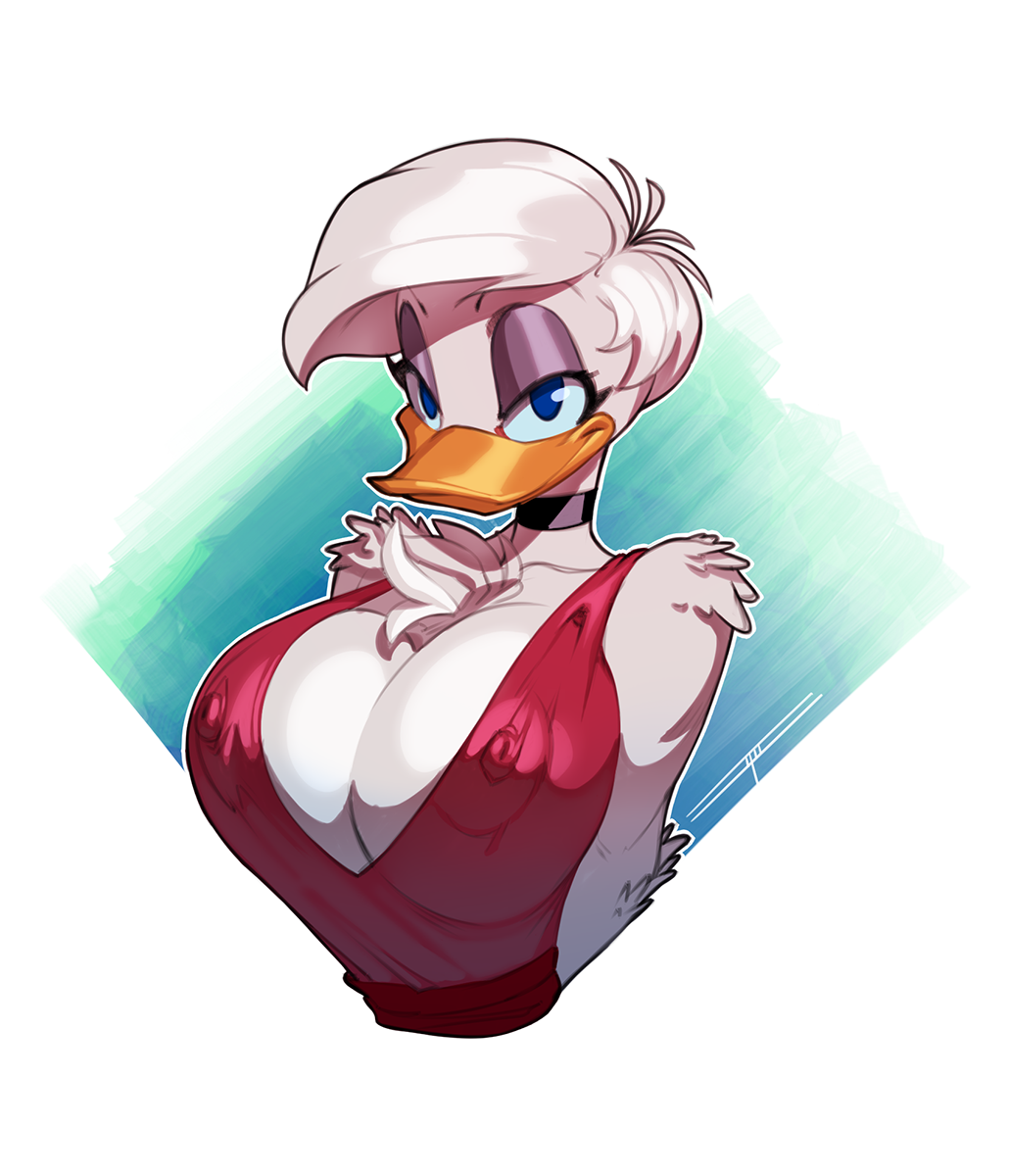 taboolicious, daisy duck, disney, quack pack, 2018, digital media (artwork), hi res, simple background, white background, 1girls, 2018s, anatid, anseriform, anthro, anthro female, anthrofied, avian, avian female, beak, big areola, big areolae, big breasts, big cleavage, big nipples, bird, black choker, blue eyes, breasts, chest tuft, choker, cleavage, clothed, clothing, duck, erect nipples, eyelashes, eyeshadow, feathers, female, female anthro, female focus, female only, furry, furry female, glistening eyelids, half-closed eyes, huge breasts, jewelry, lidded eyes, looking at viewer, narrowed eyes, necklace, nipple outline, nipples, non-mammal breasts, red clothing, red shirt, red topwear, see-through, see-through clothing, shirt, smile, solo, solo female, solo focus, tuft, white-haired female, white body, white feathers, white hair, 