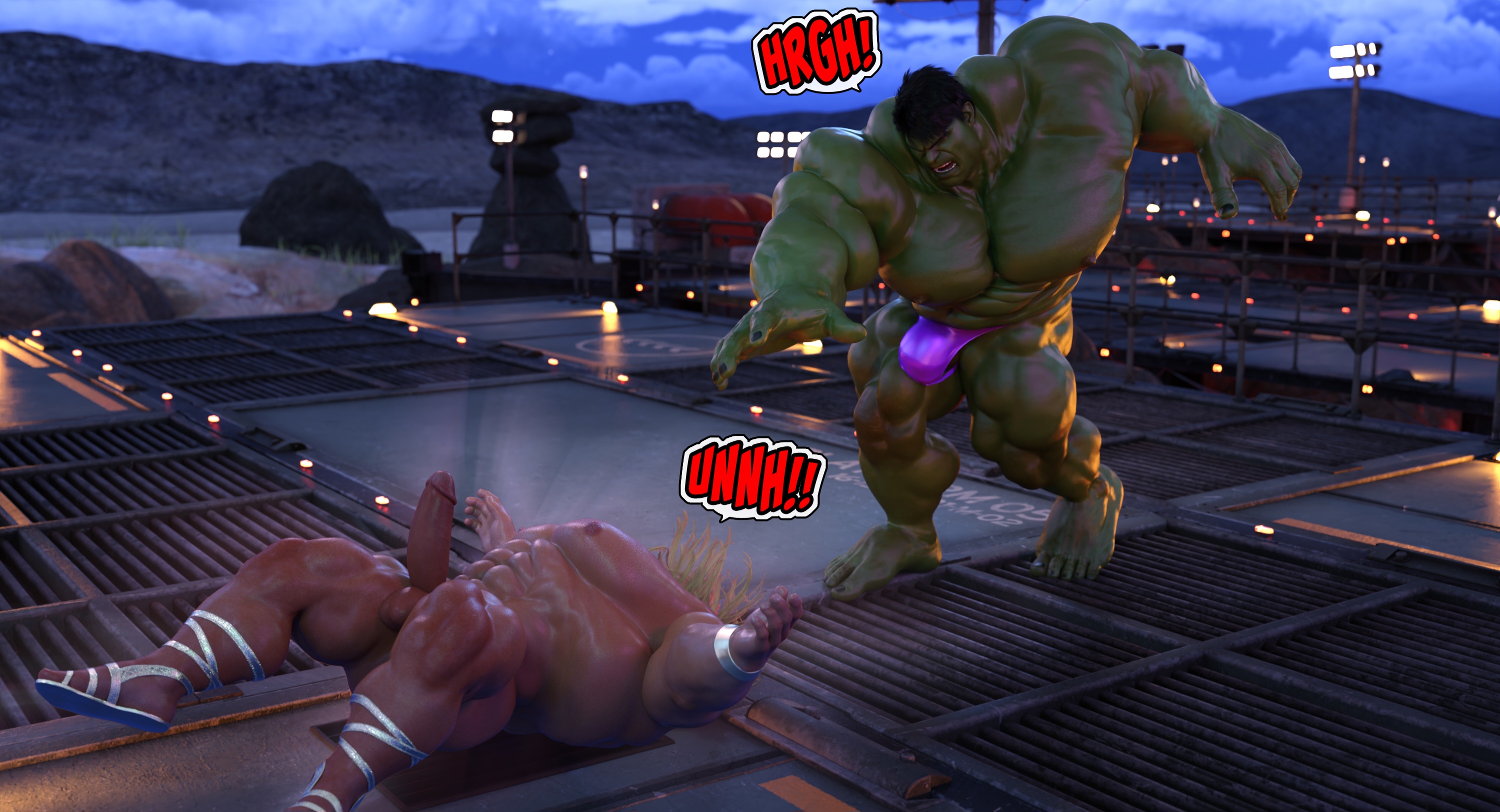 hulk, thor (marvel), hulk (series), marvel, marvel comics, thor (series), 3d, 3d (artwork), text, 2boys, bara, beefy, bulge, erection, excessive muscles, extreme muscles, fighting, gay, green-skinned male, green skin, hard cock, hard on, human, light-skinned male, light skin, luckystallion, male, male/male, male only, male ryona, muscles, muscular, muscular male, penis, thrown, tight clothing, yaoi, 
