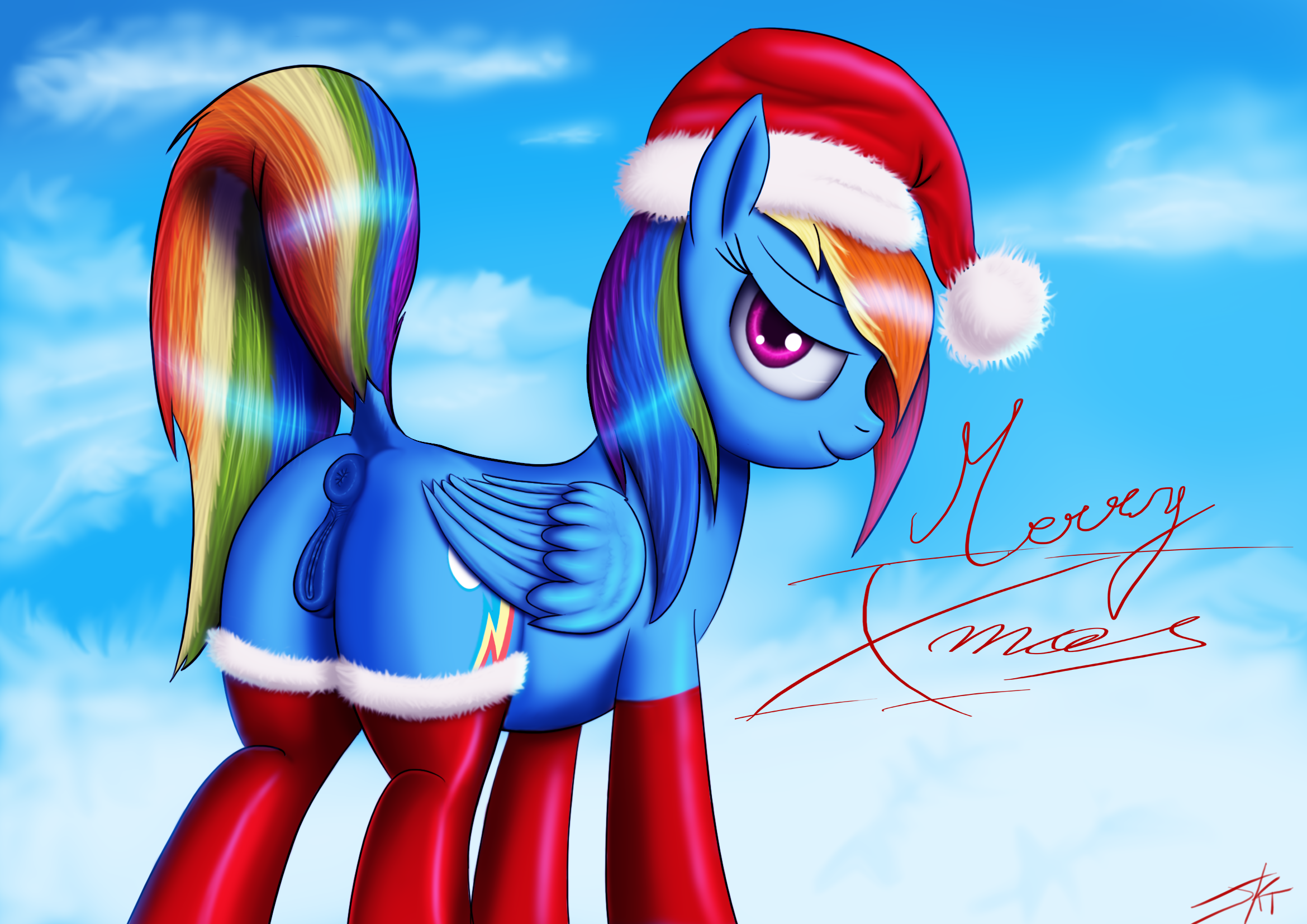 jeki, rainbow dash (mlp), christmas, friendship is magic, holidays, my little pony, 2015, hi res, anatomically correct, anatomically correct pussy, animal genitalia, anus, ass, clothed, clothing, cloud, cloudscape, cutie mark, dock, equine, equine pussy, feathered wings, feathers, female, feral, hair, hat, legwear, looking at viewer, mammal, multicolored hair, pegasus, pussy, rainbow hair, raised tail, santa hat, sky, smile, solo, wings, 