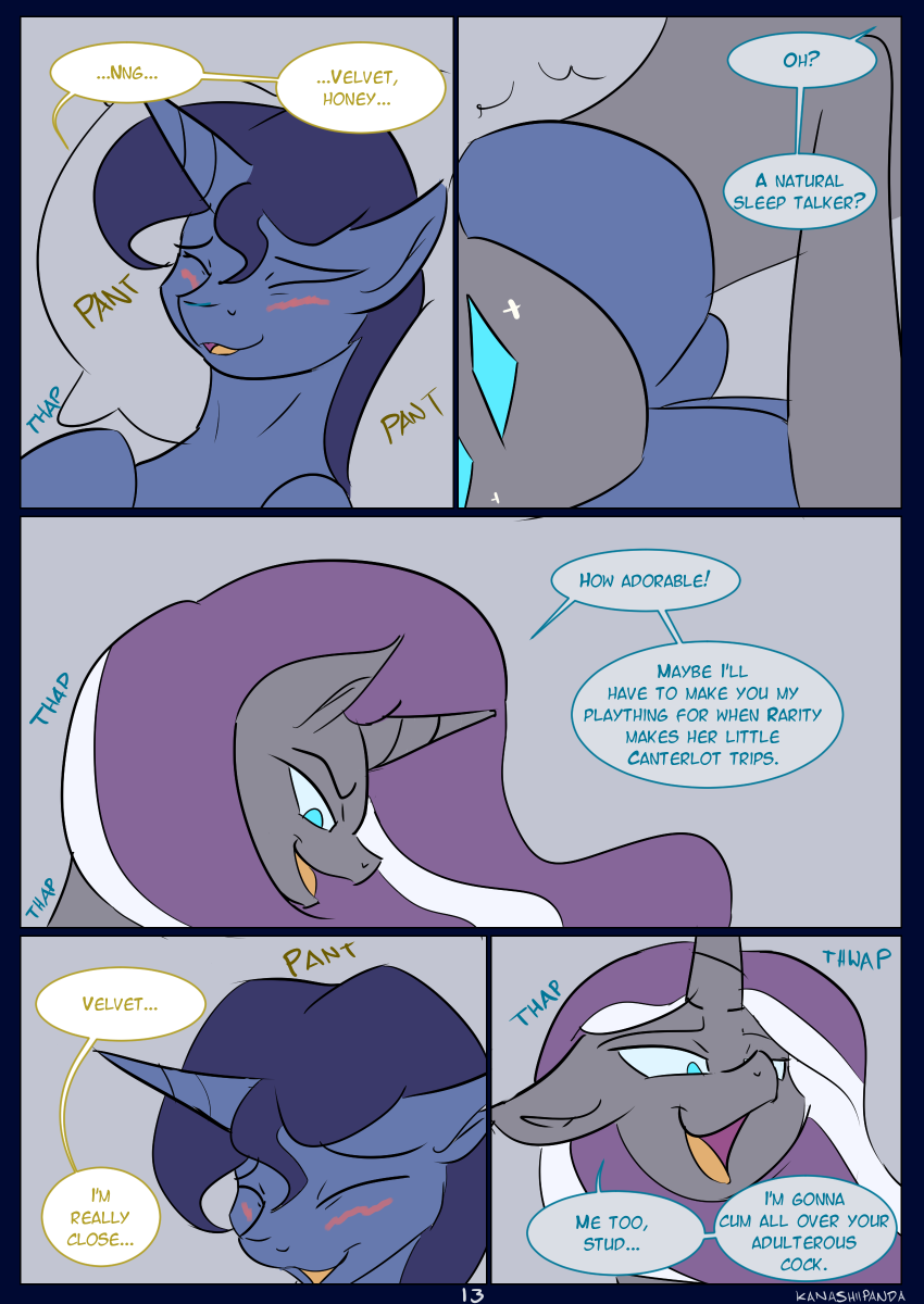 kanashiipanda, night light (mlp), nightmare rarity, rarity (mlp), friendship is magic, my little pony, 2016, comic, english text, text, bed, blush, cheating, cowgirl position, dark persona, dialogue, duo, equine, female, horn, infidelity, male, mammal, molestation, on top, panting, penetration, porn dialogue, sex, sleep molestation, sleep talking, sleeping, sneer, straddling, unicorn, vaginal penetration, 