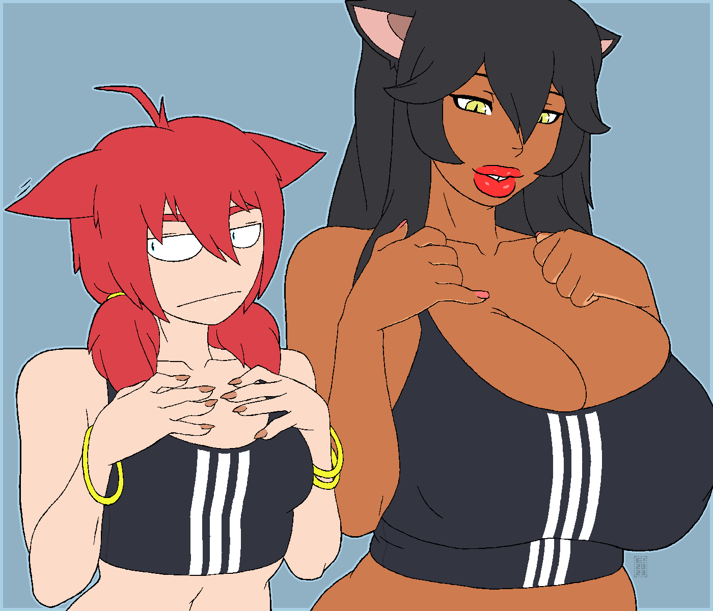 mindsedge, tagme, 2girls, athletic, athletic female, big breasts, black hair, blue eyes, bracelet, breasts, buckteeth, busty, calico (mindsedge), cat ears, catgirl, cleavage, comparing, comparing breasts, comparison, dark-skinned female, dark skin, hourglass figure, light-skinned female, light skin, lipstick, long hair, makeup, medium support (meme), nail polish, navel, red hair, rouge (mindsedge), short hair, small breasts, sports bra, sportswear, wide hips, yellow eyes, 