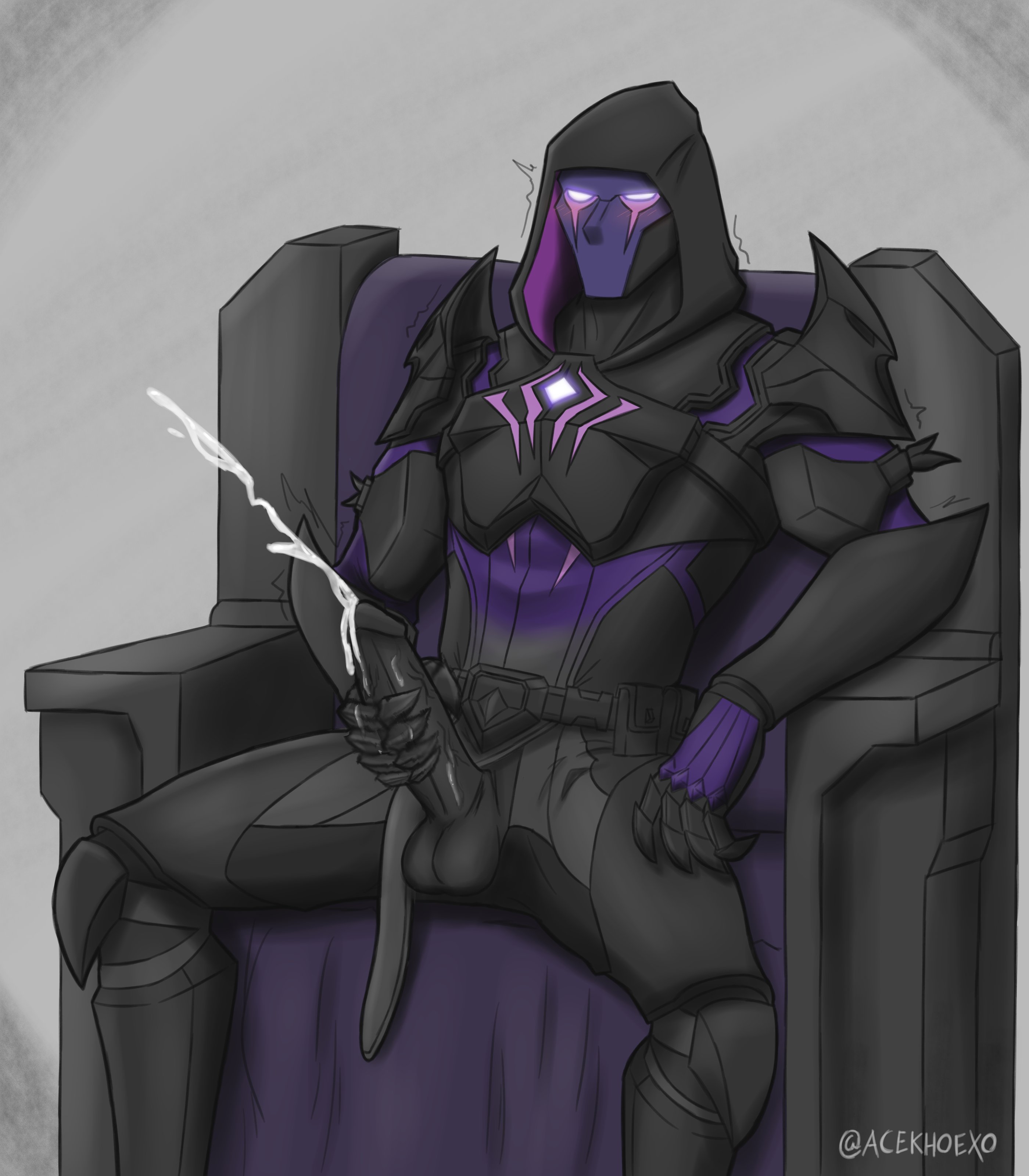 fortnite, digital media (artwork), highres, 5 fingers, acekhoexo, arm down, armor, balls, belt, big penis, black balls, black body, black glans, black penis, bodily fluids, clawed fingers, claws, cum, dread omen, erection, faceless male, genital fluids, glans, glowing eyes, helmet, humanoid, loincloth, loincloth aside, looking at viewer, male, male only, masked, masked men, muscular, muscular male, nude, nude male, orgasm, penis, purple markings, ribbed penis, signature, sitting, sole male, solo male, stone, throne, veiny penis, warrior, 