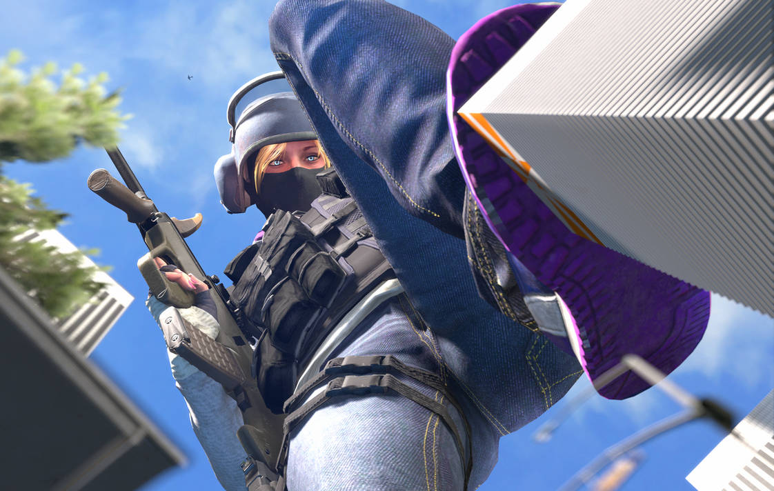 iq (rainbow six), rainbow six siege, 80lines, blonde hair, blue eyes, crushed underfoot, giantess, military, military uniform, weapon, 
