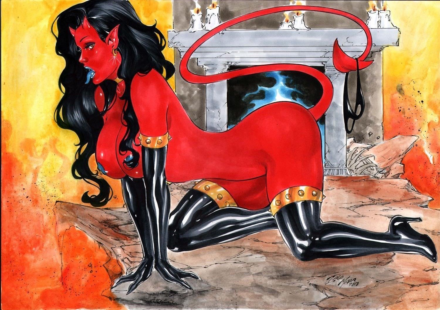 ed benes studio, iago maia, purgatori, sakkara (character), chaos comics, 2018, dated, 1girls, all fours, amber eyes, big breasts, black gloves, black hair, black heels, black sleeves, blue lips, blue lipstick, blue nipples, blue tongue, bottomless, breasts, busty, candles, choker, curvaceous, curvy, demon girl, demon horns, demon tail, demoness, earrings, elbow gloves, erect nipples, female, female only, fireplace, gloves, heels, hell, high heels, latex, latex gloves, latex thighhighs, long hair, naked, naked boots, naked footwear, naked gloves, nipple rings, nipples, nude, panties on tail, pointy ears, red skin, signature, sleeves, solo, tongue, tongue out, topless, voluptuous, wax, 
