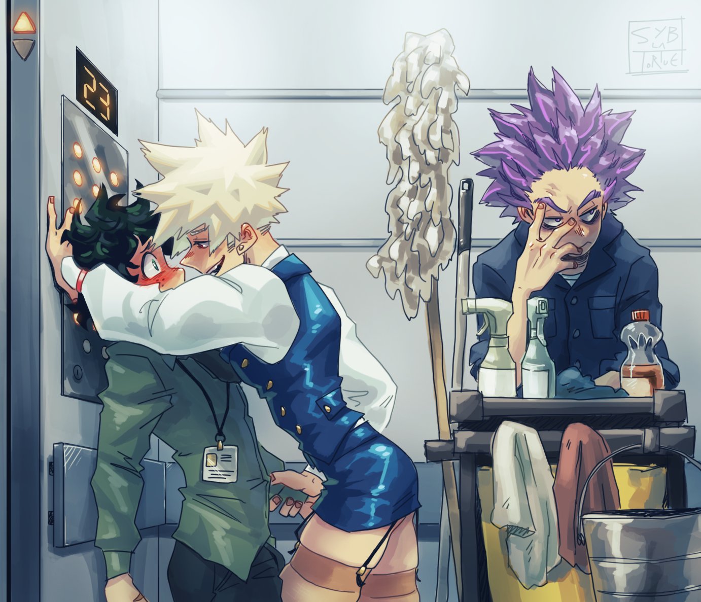 syblatortue, izuku midoriya, katsuki bakugou, my hero academia, 3boys, boots, crossdressing, earrings, femboy, garter straps, gay, imminent sex, janitor, lingerie, male, male only, miniskirt, office, office lady, open shirt, panties, printer, scanner, sly, stockings, thighhighs, trap, twink, white hair, yaoi, 