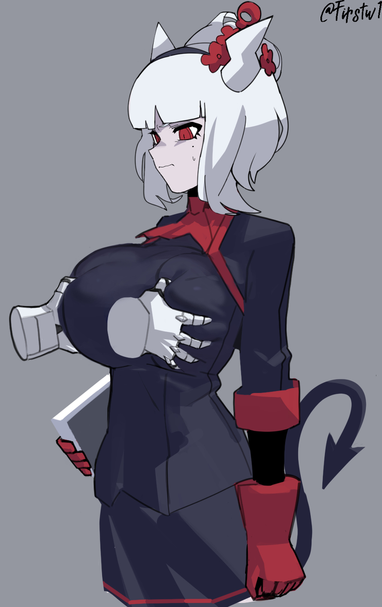 firstw1, lucifer (helltaker), helltaker, big breasts, breasts, female, horns, white skin, 