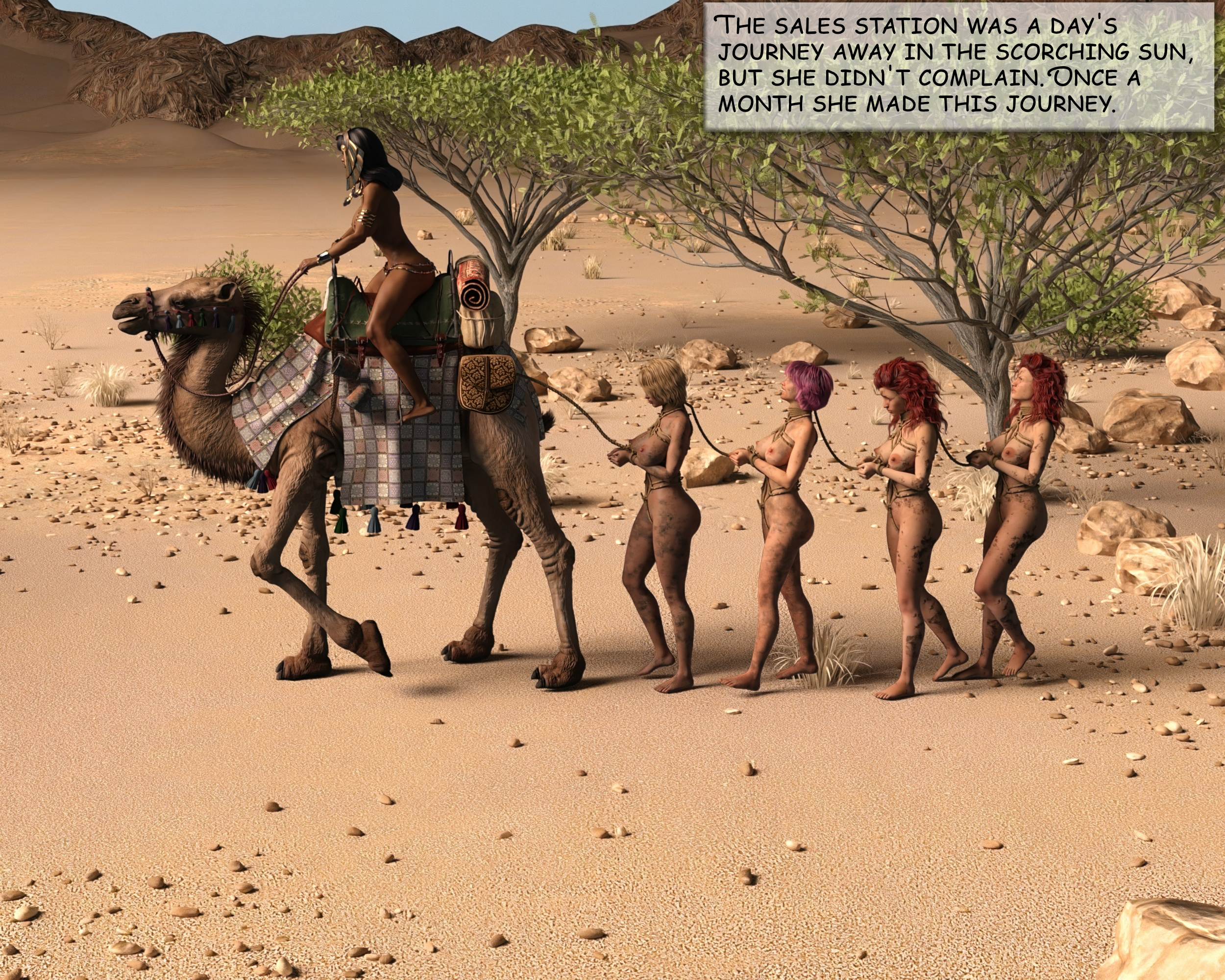 original, 3d, english text, 5girls, anartlife, black hair, blonde hair, bondage, bound, bound wrists, camel, coffle, dark-skinned female, dark skin, equestrian bondage, female, multiple females, multiple girls, nude, nude female, ponying, purple hair, red hair, slave, slave girl, slave raid, 