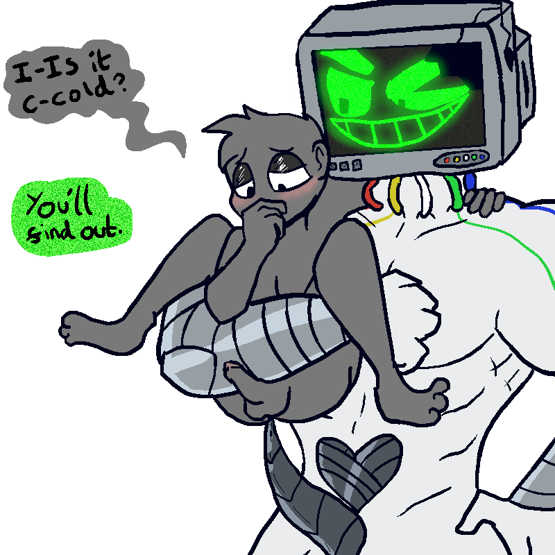 anon, unknown character, speech bubble, tagme, 2023, 2boys, android, android boy, big dom small sub, breath cloud, dialogue, for a head, full nelson, gay, holding partner, imminent anal, imminent sex, male, metal arm, object head, penis, restrained, robot, robot boy, robot on human, screen, screen face, size difference, smiling, stimkyspookyboi, submissive human, submissive male, tentacle, tentacle penis, tv, tv head, wire, 