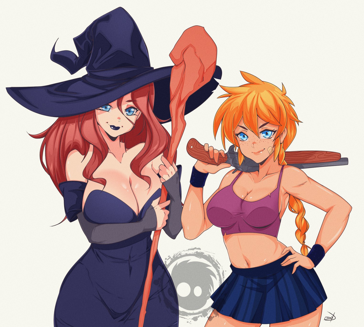 marty gardner, sam gardner, gardnerverse, alternate version available, white background, 2girls, bare shoulders, blue eyes, cleavage, cordelia (dead estate), cosplay, crop top, crossover cosplay, dead estate, delux, dress, female, female only, freckles, hand on hip, hat, jules (dead estate), large breasts, lipstick, looking at viewer, navel, red hair, shotgun, skirt, smile, staff, tank top, witch, witch hat, 