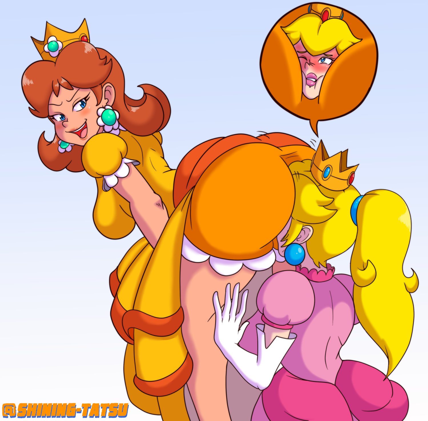 firegon55, shiningtatsu, supergon55, princess daisy, princess peach, mario (series), tagme, 2girls, armwear, big ass, big breasts, blonde female, blonde hair, bloomers, blue eyes, breasts, brown hair, crown, dark hair, dress, earrings, face in ass, facesitting, female, gloves, human, human only, kneeling, legs, light-skinned female, lips, lipstick, orange clothing, pink clothing, pink dress, princess, smug, sniffing ass, tan body, yuri, 