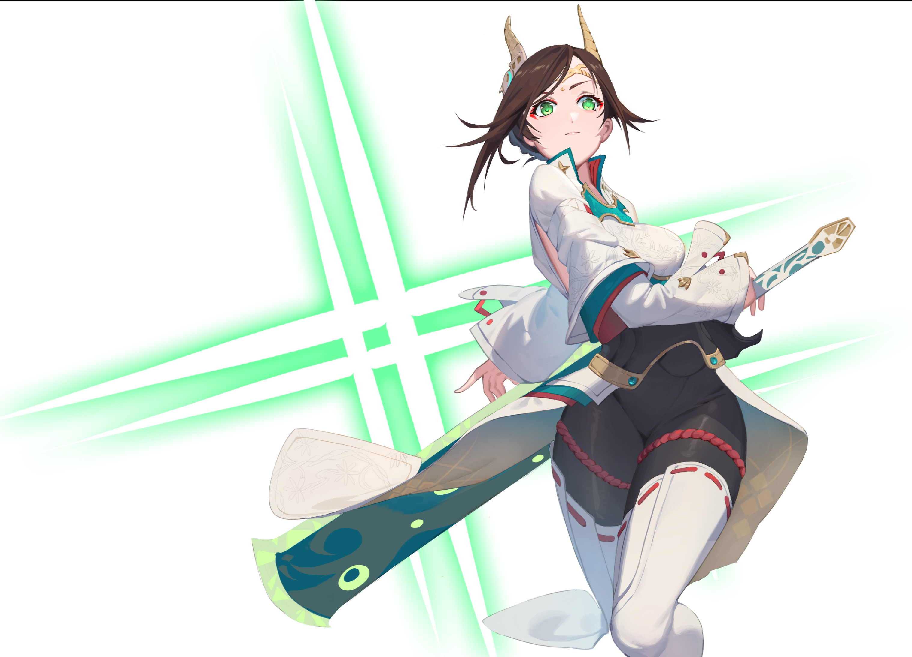 xenoblade (series), absurd res, highres, simple background, white background, 1girls, alexandria (xenoblade), black bodysuit, black legwear, bodysuit, boots, braid, breasts, brown hair, circlet, eyeliner, female, female only, french braid, greatsword, green eyes, hair bun, holding, holding sword, holding weapon, hourglass figure, kimono, large breasts, legwear, lindoo, long hair, long sleeves, makeup, panties, red eyeliner, sword, thick thighs, thigh boots, thighhighs, thighs, upskirt, voluptuous, weapon, white boots, white kimono, white thighhighs, white topwear, wide hips, xenoblade chronicles 3, 