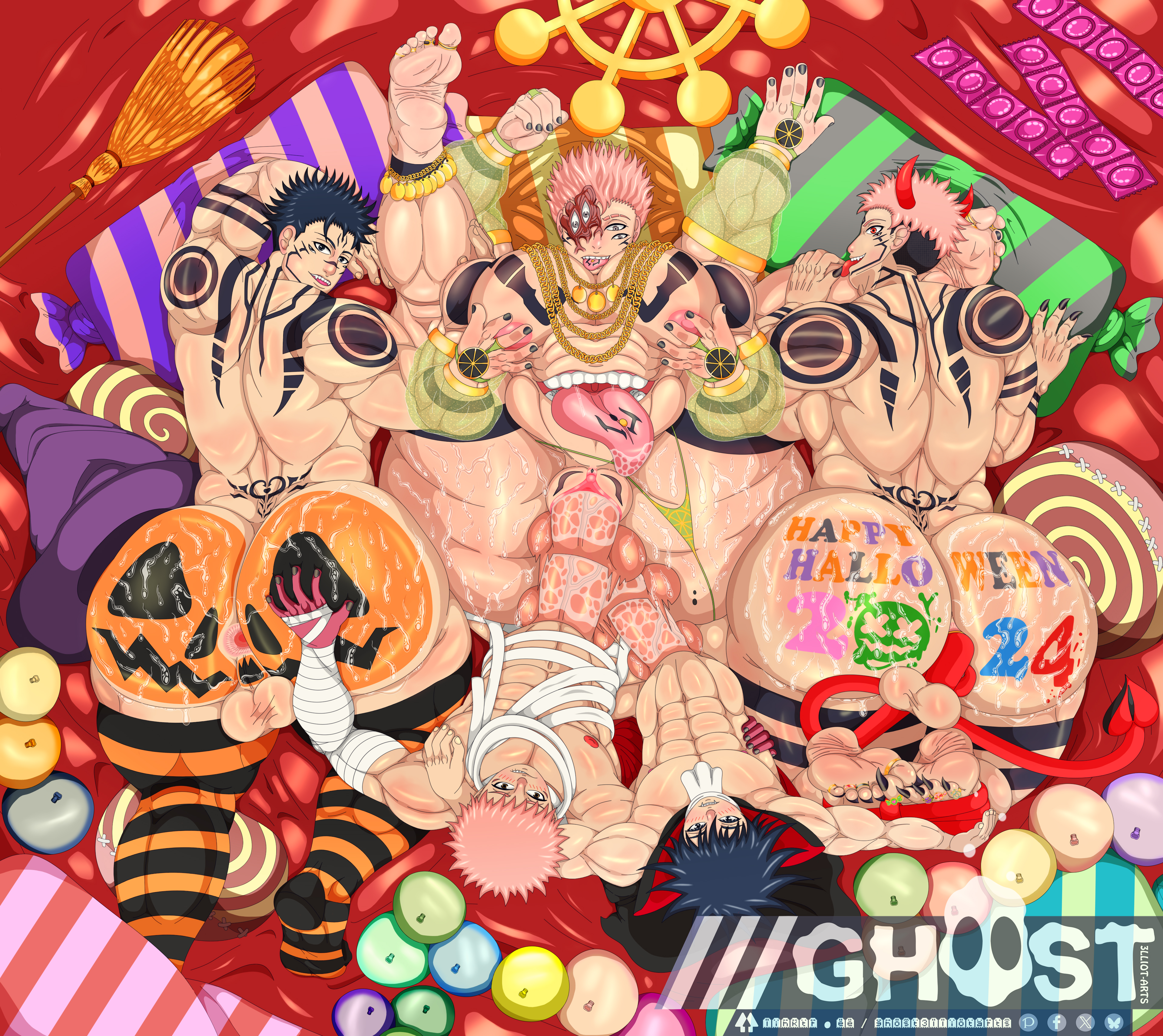 alter ego, halloween, self upload, watermark, 1cuntboy, 4 arms, 5boys, abs, age difference, age gap, aged up, anal, anal insertion, anal sex, anus, ass, ass focus, ass grab, ass row, backsack, backside, balls, ballsack, bara, barefoot, belly dancer, belly dancer outfit, biceps, big ass, big balls, big cock, big dick, big nipples, big pecs, big pectorals, big penis, big testicles, biting lip, black nail polish, black nails, blacl claws, blush, blush lines, body paint, body painting, broad shoulders, buff, buff bottom, candy, cell shading, chains, claws, cloak, collaborative, collaborative sex, costume, costumes, cuntboy, cuntboy/male, cuntboy on male, cuntboy penetrated, curled toes, curvaceous, curvaceous figure, curvaceous male, curvy, curvy body, curvy figure, curvy hips, curvy male, curvy thighs, dark claws, dark clothing, dark hair, demon, detailed anus, devil, devil costume, devil horns, digital art, double penetration, dual colored hair, eager, eager bottom, earrings, estrogened male, fair skin, fangs, fangs out, feet, feet up, fivesome, folded, foot fetish, foot focus, fushiguro megumi, gape, gaping, gaping anus, gay, gay incest, gay sex, ghost-3lliot-arts, glitter, gold (metal), gold jewelry, golden, golden chains, golden collar, golden piercings, grey eyes, grin, grinning, group, group sex, hairless balls, hairless penis, hairless pussy, halloween 2024, halloween costume, halloween theme, hand on legs, hand on shoulder, harem outfit, holding legs, holding legs back, holding legs open, horns, hug, huge ass, huge balls, huge cock, huge nipples, huge testicles, human artist, incest, incubus, incubus costume, indoors, indoors sex, intersex, itadori yuuji, jewelry, jujutsu kaisen, legs behind back, legs behind head, legs behind shoulders, legs tied, legs tied together, legs together, legs up, lineup, looking at viewer, looking back, looking pleasured, male, male/male, male feet, male on cuntboy, male on male, male only, male penetrating, masculine crossdresser, masculine male, mole on ass, moles, motel, motel room, movement, multi arm, multi eye, multi limb, multi mouth, multiple males, mummy, mummy costume, mummy wrappings, muscles, muscular, muscular abdomen, muscular abs, muscular arms, muscular back, muscular body, muscular bottom, muscular male, muscular pecs, musuclar legs, naughty face, nephew and uncle, nephew fucking uncle, not ai generated, on back, on bed, panties aside, part of a set, pattern bottomwear, pattern clothing, penis, penis in ass, penis in pussy, piercing, piercings, pillow, pillow grab, pillows, pinching nipples, pink anus, pink areola, pink areolae, pink hair, pink nipples, pink pussy, pink pussy lips, plug (sex, plug insertion, power bottom, precum, pumpkin, pumpkin butt, pumpkin in ass, pussy, pussy juice, pussy juice on penis, pussy lips, red eyes, red horns, red nipples, red sheets, ryoumen sukuna (jujutsu kaisen), scarf, service top, shy top, side hug, size difference, skimpy bikini, skimpy clothes, skimpy outfit, small but hung, small dom big sub, smiling with teeth, smirk, smirking, smooth balls, smooth chest, smooth legs, smooth skin, smooth skinned male, soles, sparkling clothing, spread ass, spread legs, spread thighs, spread toes, spreading ass, stockings, stockings thigh highs, string bikini, string panties, stripped socks, sweat, sweatdrop, sweating, sweating ass, sweating balls, sweaty ass, sweaty balls, sweaty thighs, tail plug, tanned, tanned skin, tattoed chest, tattoos, teeth, teeth showing, teeth visible, testicles, thick, thick ass, thick hips, thick legs, thick thighs, thighhighs, thrusting, thrusting forward, thrusting into ass, thrusting into pussy, toe claws, toe ring, toe rings, toes, toes curled, toes spread, tongue, tongue out, tongue piercing, top view, toy), vaginal penetration, vaginal sex, vampire, vampire costume, viewed from above, waiting, waiting for sex, waiting for turn, waiting in line, wet, wet ass, wet asshole, wet cock, wet dick, wet penis, wet pussy, white eyes, white scarf, wide hipped male, wide hips, witch costume, witch hat, wrinkled feet, wrinkled soles, wrinkly feet, wrinkly soles, yaoi, younger dom older sub, younger penetrating older, 