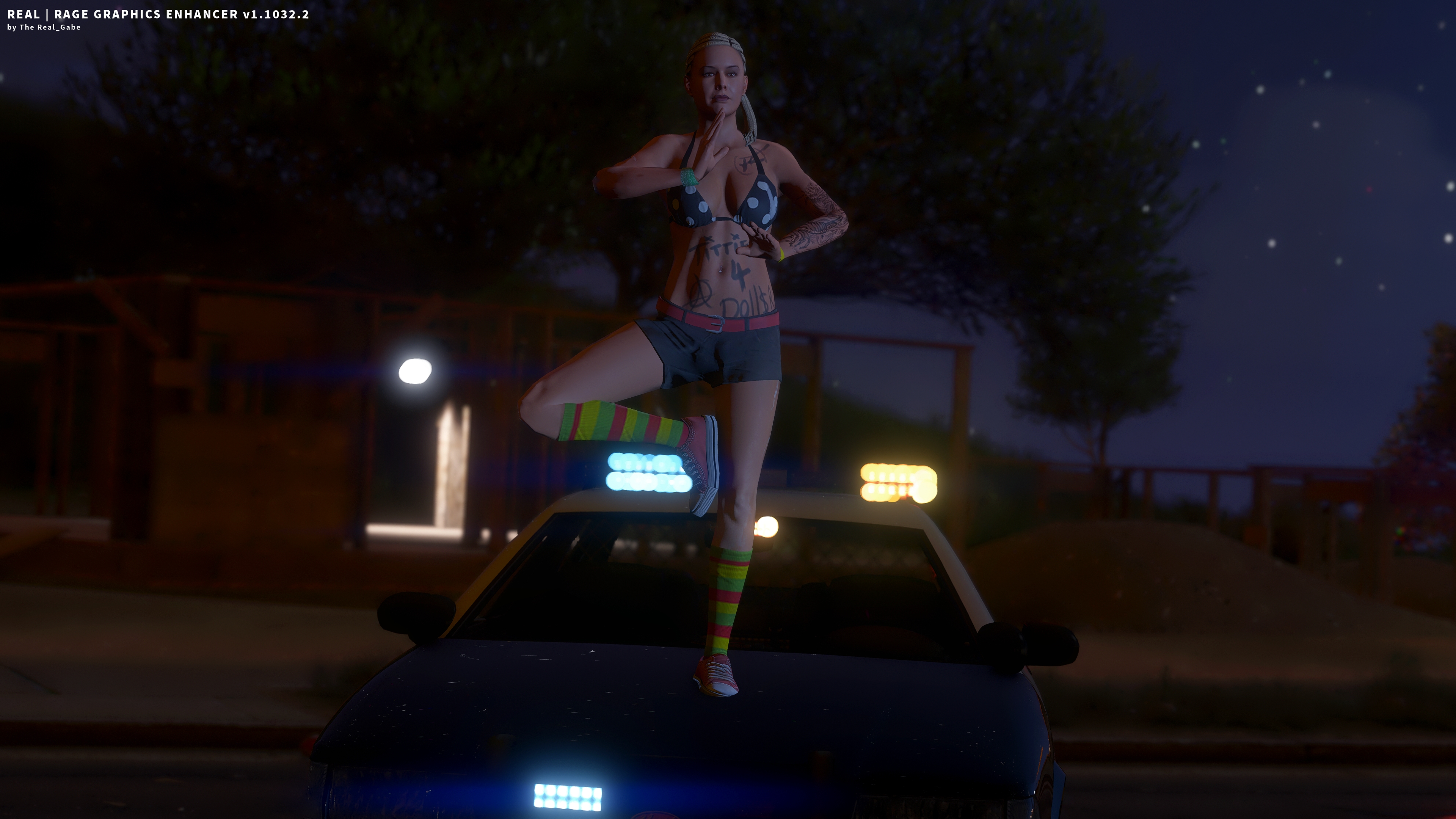 grand theft auto, grand theft auto v, rockstar games, 3d, absurd res, absurdres, game cg, high resolution, highres, text, watermark, 1girls, 3dcg, absurd resolution, bare shoulders, beautiful woman, belted shorts, beltshorts, bikini top, black bikini top, blonde-haired female, blurred background, body writing, body writing (whore), braided hair, brown eyes, cinematic, cinematic lighting, cleavage, collarbone, denim shorts, disinterested, edited screencap, emotionless, emotionless female, expressionless, game mod, gta prostitute, high quality, huge breasts, indifferent, jean shorts, leg lift, long-haired female, massive breasts, mature woman, navel, police car, polka dot bikini top, posing, rockstar editor, therealgabe, unbothered, uncaring, uncaring female, uninterested, uninterested female, unnamed character, yoga pose, 