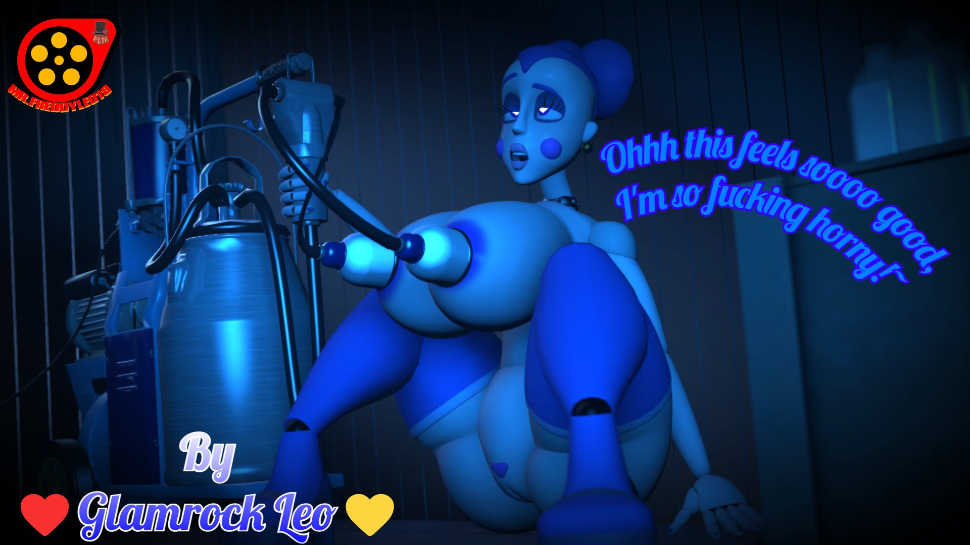 ballora, ballora (fnafsl), sister location, sfm, animatronic, ballerina, big breasts, blue fur, dialogue, exposed pussy, fnaf, freddyleo, giant breasts, heart-shaped pupils, leggings, leggings only, milking, milking breasts, milking machine, naked, stockings, white skin, 
