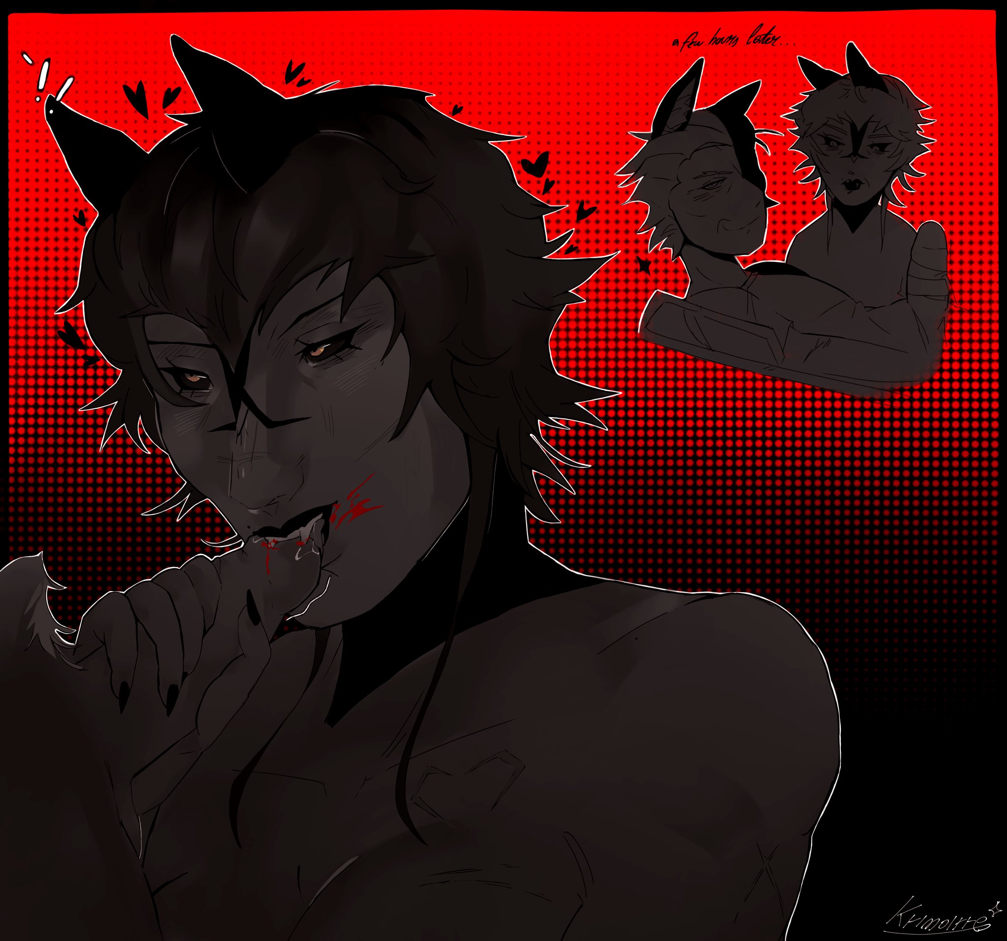 oc, ren hana, boyfriend to death, bat ears, beastkin, biting, black lipstick, black sclera, blood sucking, cum in mouth, ero guro, fangs, fox ears, krimoirre, licking, markings, oc x canon, purple hair, scars, the price of flesh, tip stimulation, vampire, 