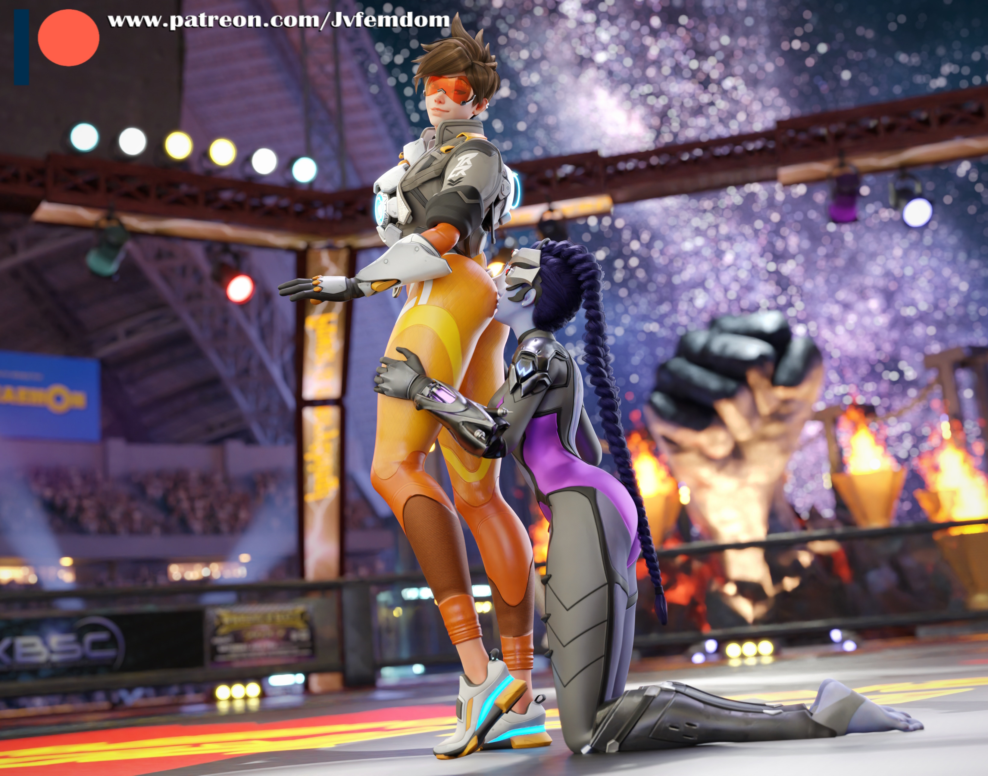 tracer, widowmaker, overwatch, overwatch 2, 3d, 3d (artwork), absurd res, blender, highres, 2girls, arrogant, ass, ass focus, barefoot, beaten, braid, braided hair, brown hair, catfight, dominant, dominant female, domination, dominatrix, face in ass, female domination, femdom, fight, fighting ring, gloves, goggles, hands on legs, hands on thighs, helpless, humiliated, humiliating, humiliation, jacket, jvfemdom, kneeling, leather jacket, legs, lezdom, looking at another, looking down, looking pleasured, on her knees, pants, purple hair, ryona, sadism, sadistic, sadistic girl, short hair, smiling, smiling at another, smug, submission, submissive, thick ass, thick thighs, thighs, tight clothing, tight pants, worship, worshiping, yuri, 