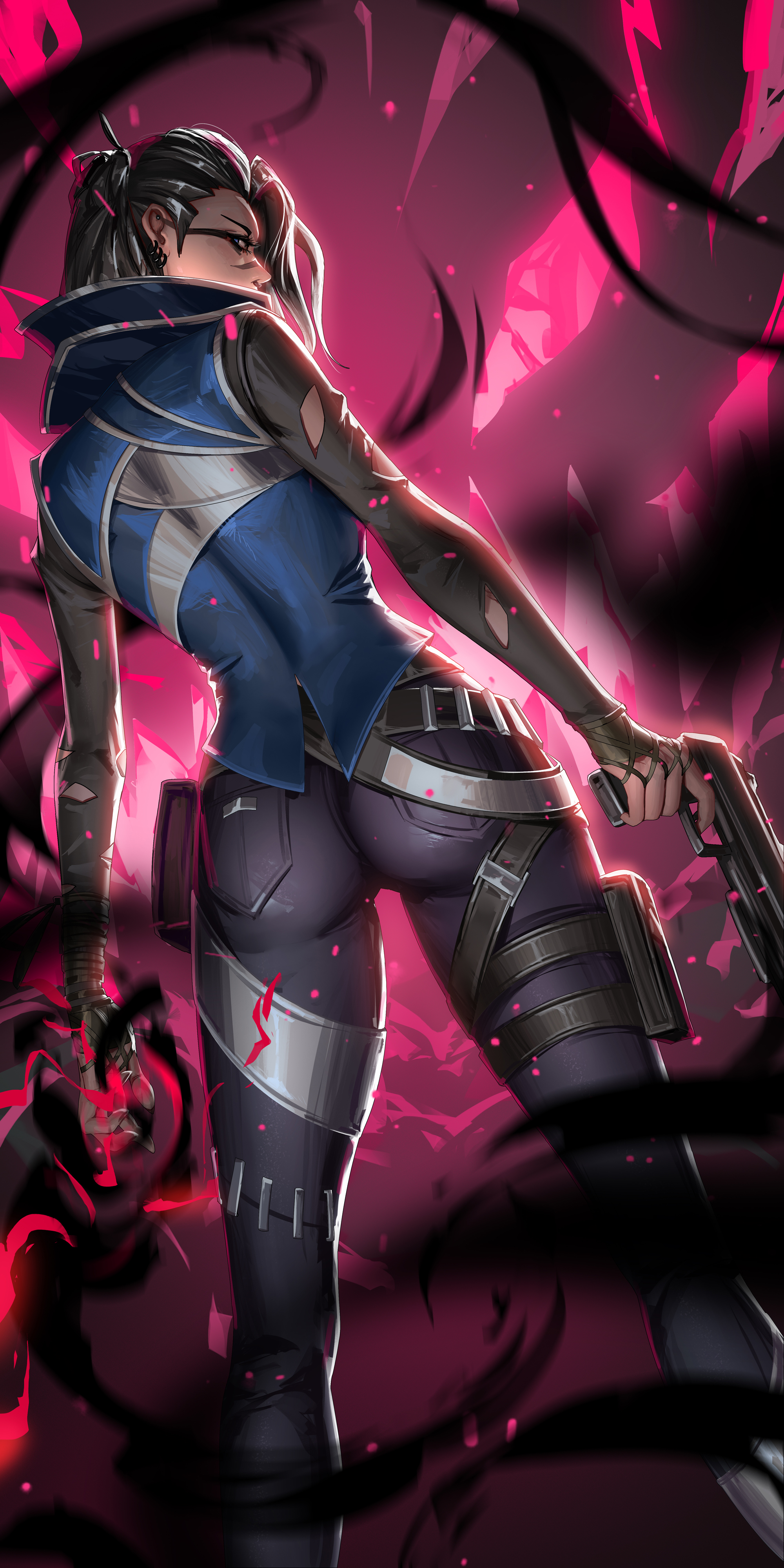 liang xing, valorant, high resolution, tagme, face paint, fade (valorant), gun, hair bun, holding gun, tight ass, turkish, turkish female, white strand of hair, 