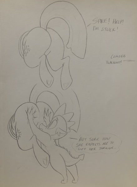 spike (mlp), twilight sparkle (mlp), friendship is magic, hasbro, my little pony, english text, text, traditional media (artwork), 1boy, 1boy1girl, 1girls, ass, big ass, big butt, cutie mark, dynamo1940, english, equine, female, feral, hand on butt, male, squish, stuck, stuck in object, through wall, 