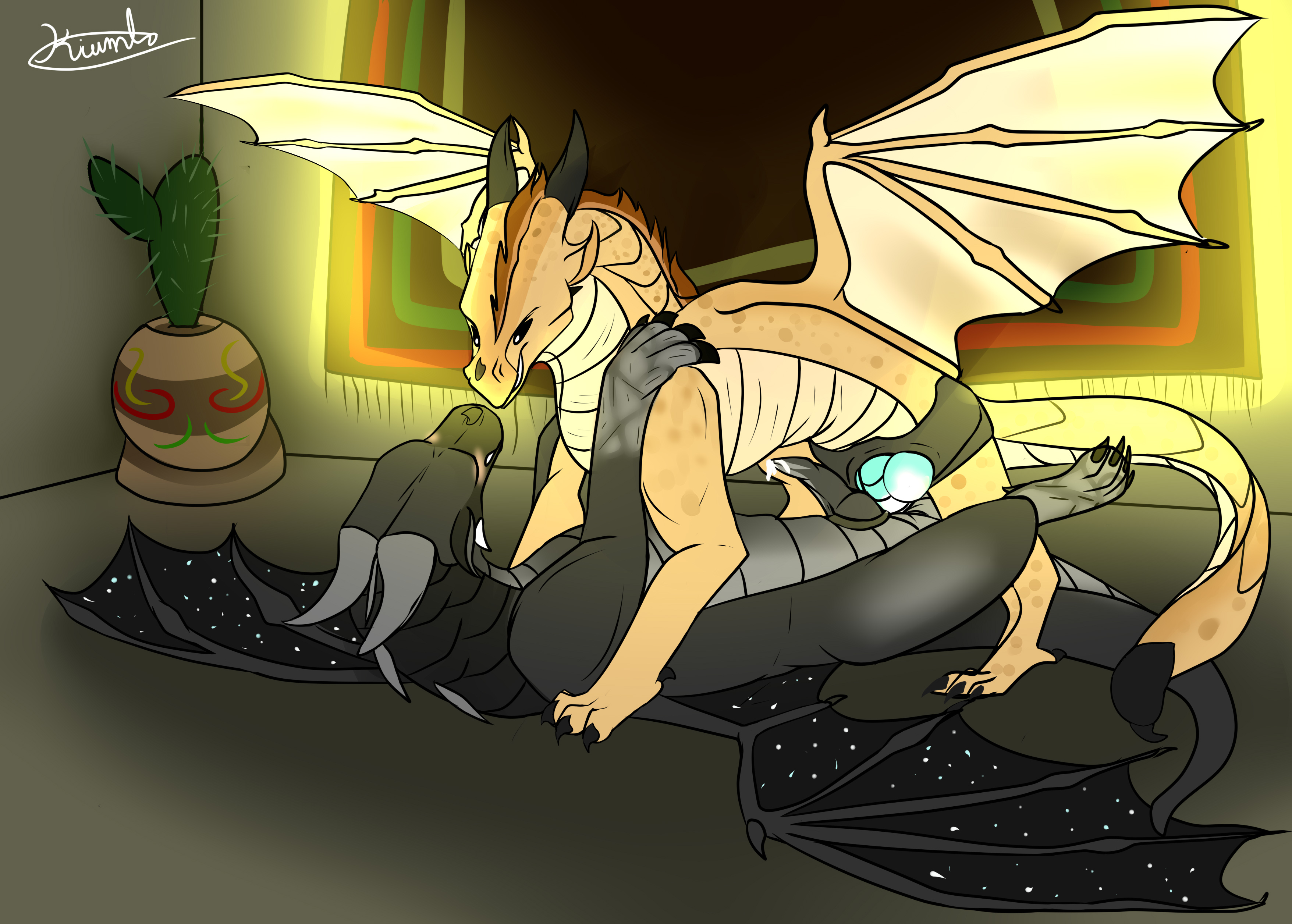 wings of fire, absurd res, hi res, bed sheet, bedding, bodily fluids, cactus, cum, dildo, dragon, duo, female, female penetrating, female penetrating male, feral, genital fluids, horn, kiumba (artist), lube, male, male/female, male penetrated, nightwing (wof), penetration, plant, sandwing (wof), scales, scalie, sex, sex on floor, sex toy, spread wings, stonemover (wof), strapon, thorn (wof), wings, 