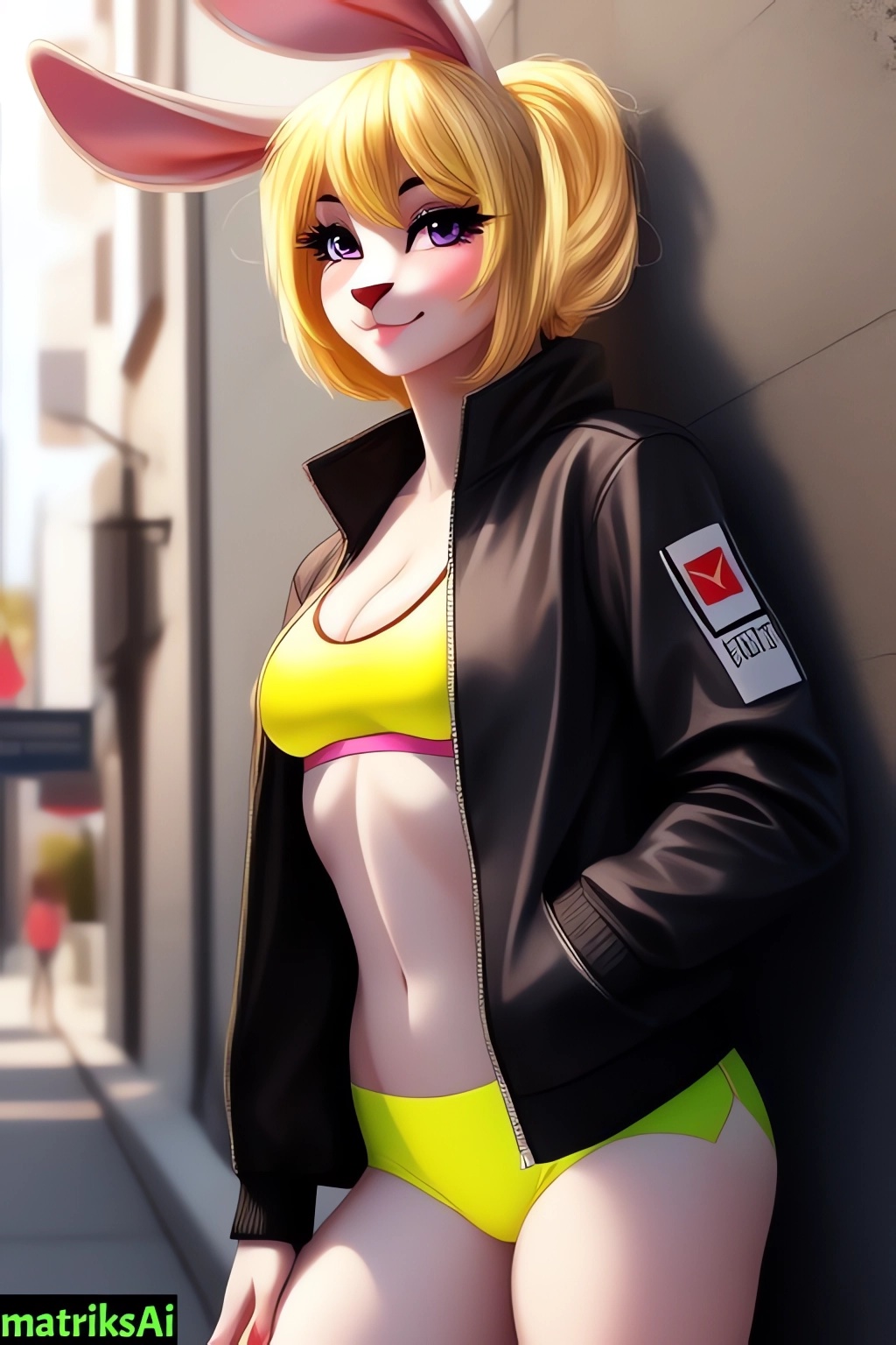 ai generated, anthro, bunny, bunny ears, bunny girl, female, furry, jacket, matriks, normal breasts, solo, sports bra, 